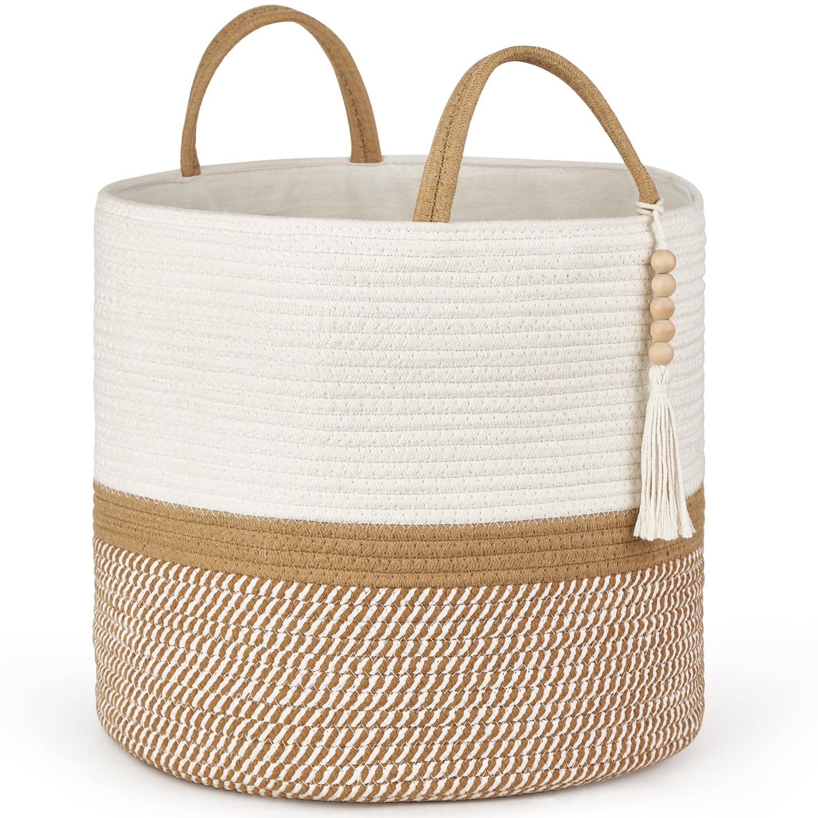 Mkono Woven Storage Basket Decorative Natural Rope Basket Wooden Bead Decoration for Blankets,Toys,Clothes,Shoes,Plant Organizer Bin with Handles Living Room Home Decor, Jute, 16" W × 13.8"L