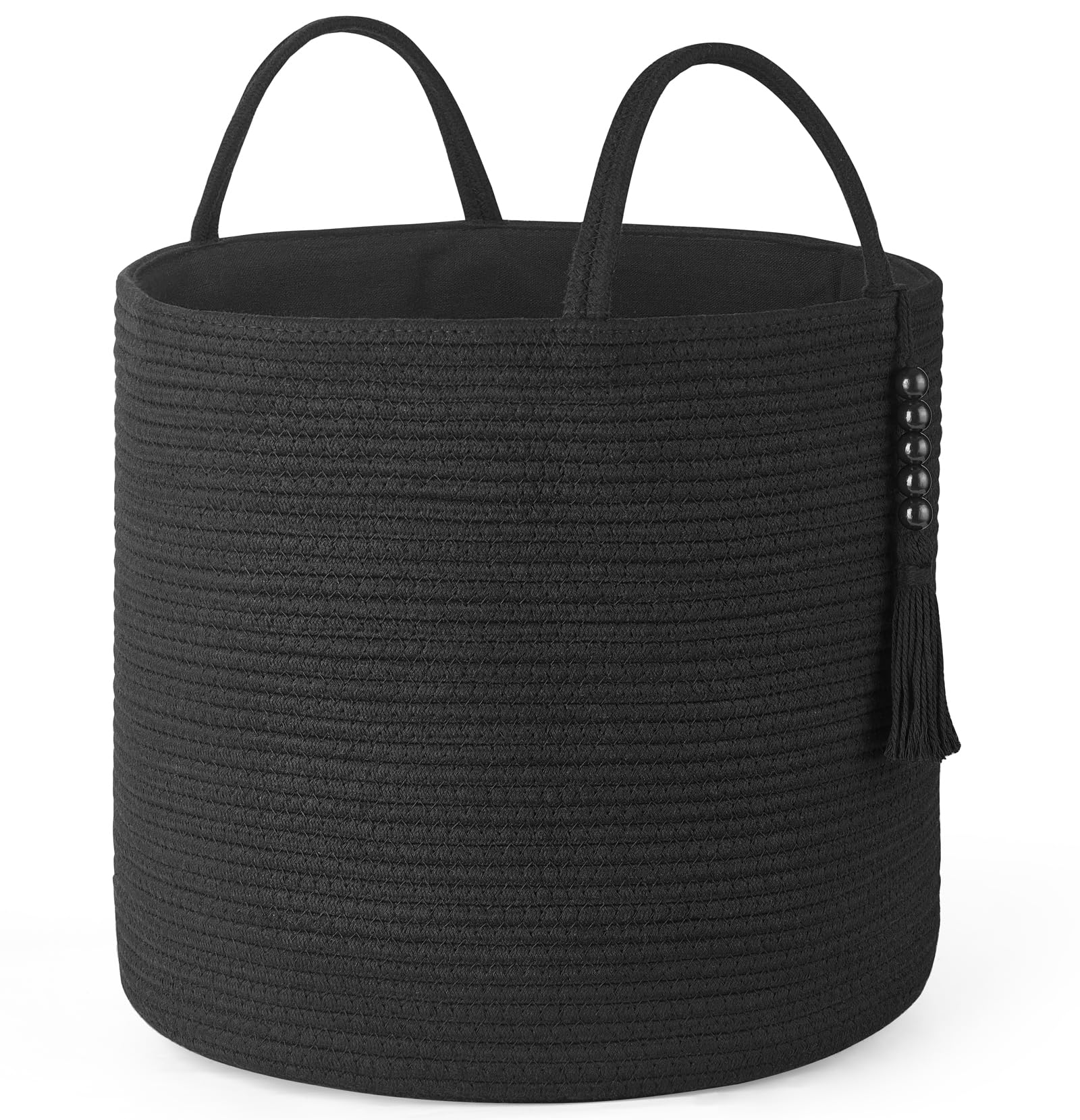 Mkono Woven Storage Basket Decorative Natural Rope Basket Wooden Bead Decoration for Blankets,Toys,Clothes,Shoes,Plant Organizer Bin with Handles Living Room Home Decor, Jute, 16" W × 13.8"L