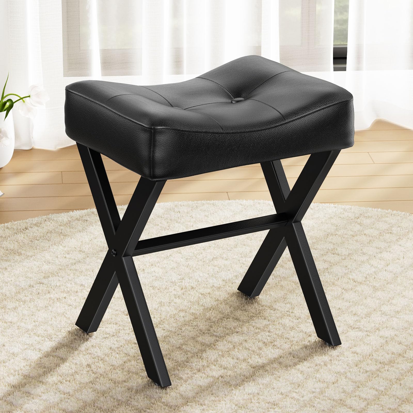 18-Inch Leather Vanity Stool Chair, Vanity Bench with Metal X-Leg, Ottoman Accent Stool with Thick Padded Saddle Seat, Black