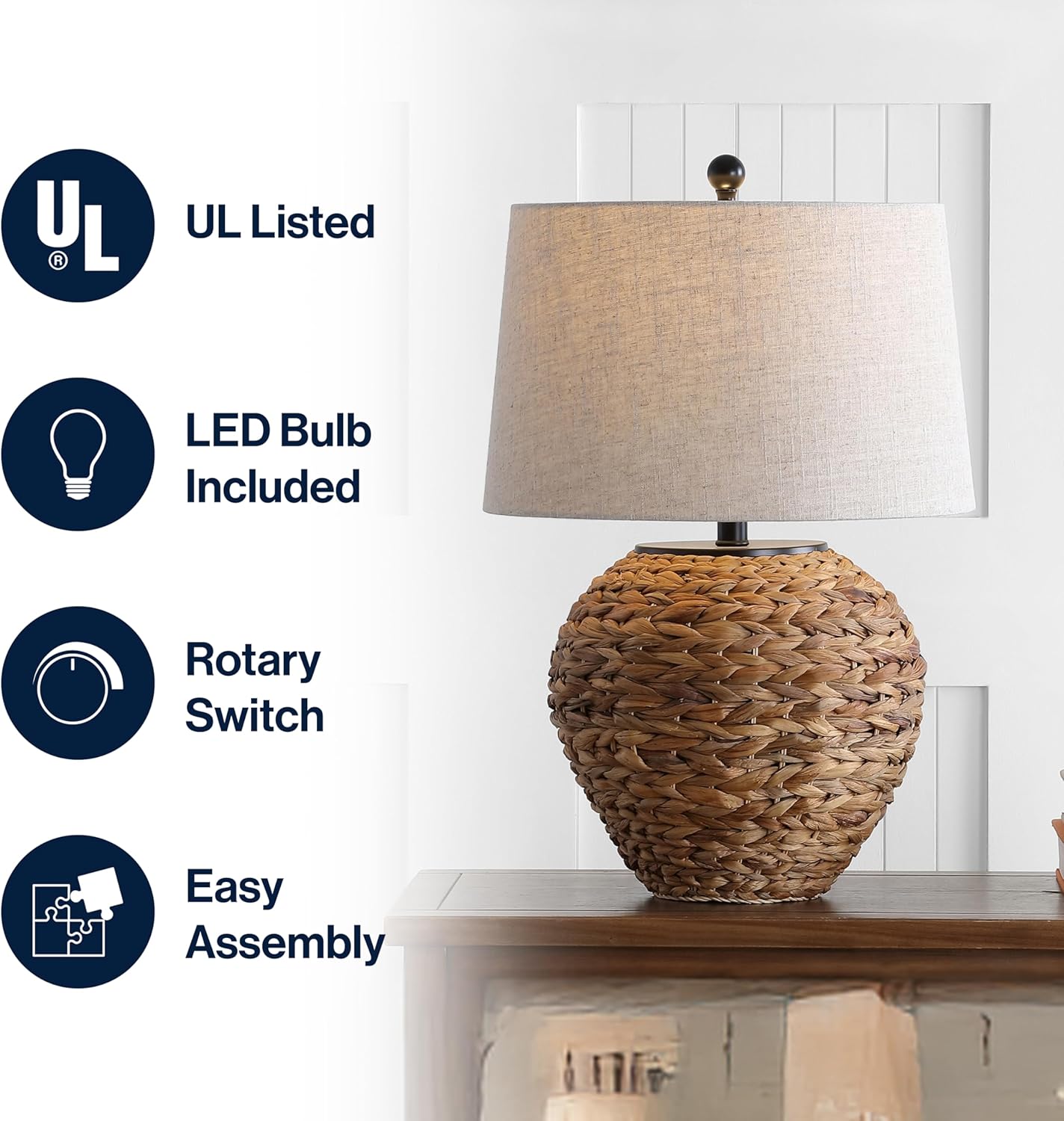 JONATHAN Y 24.5" Natural Water Hyacinth Farmhouse Basket Table Lamp, Coastal Decor for Living Room Bedroom Nightstand, Light Gray Linen Shade, LED Bulb Included JYL6501A