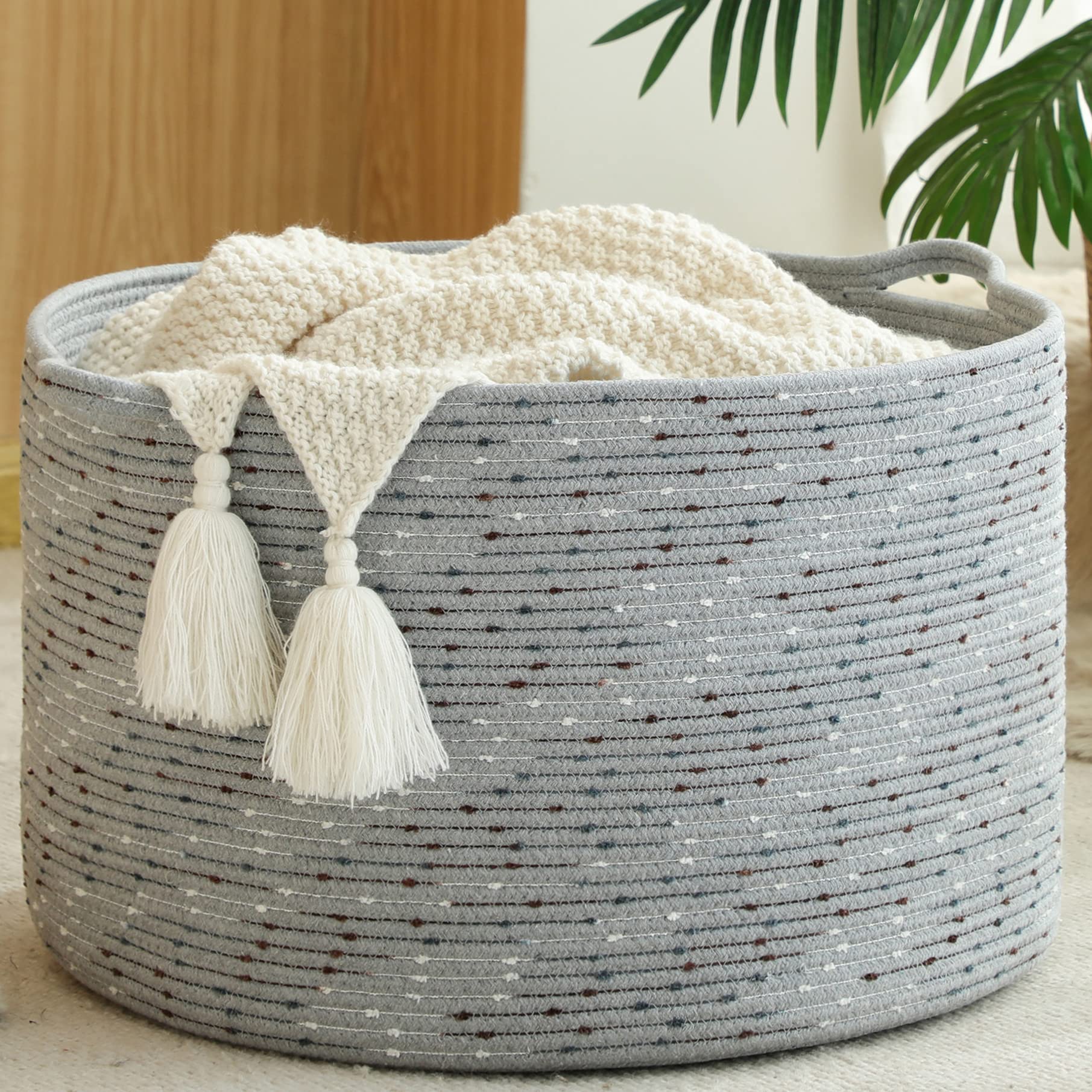 KAKAMAY Large Blanket Basket (20"x13"),Woven Baskets for storage Baby Laundry Hamper, Cotton Rope Blanket Basket for Living Room, Laundry, Nursery, Pillows, Baby Toy chest (White/Brown)