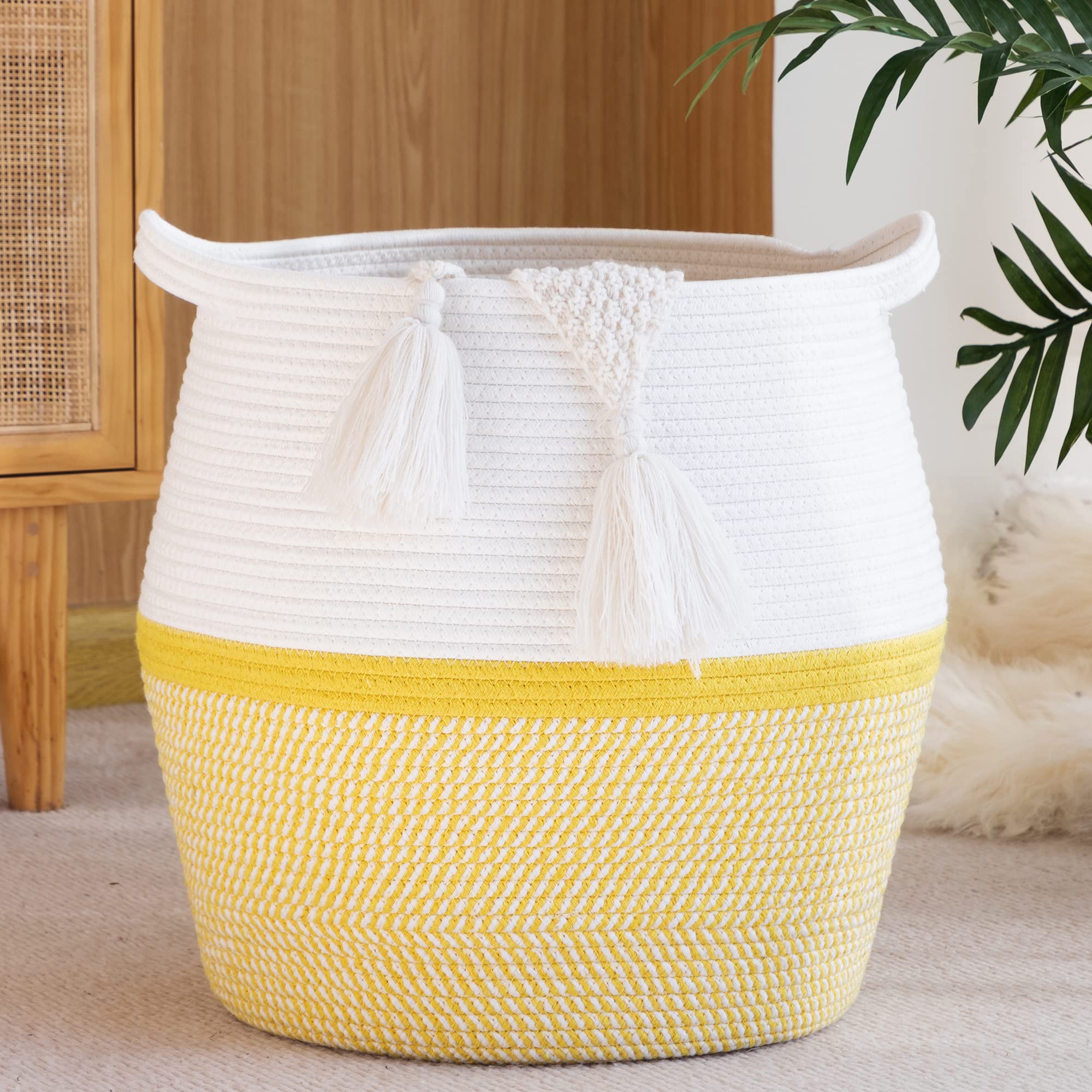KAKAMAY Woven Baskets for Storage(17"x17"),Large Cotton Rope Basket Woven Baby Laundry Hamper,Collapsible Laundry Basket, Blanket Basket for Organizing Living Room,Nursery,Pillows,Toy Chest(Grey)