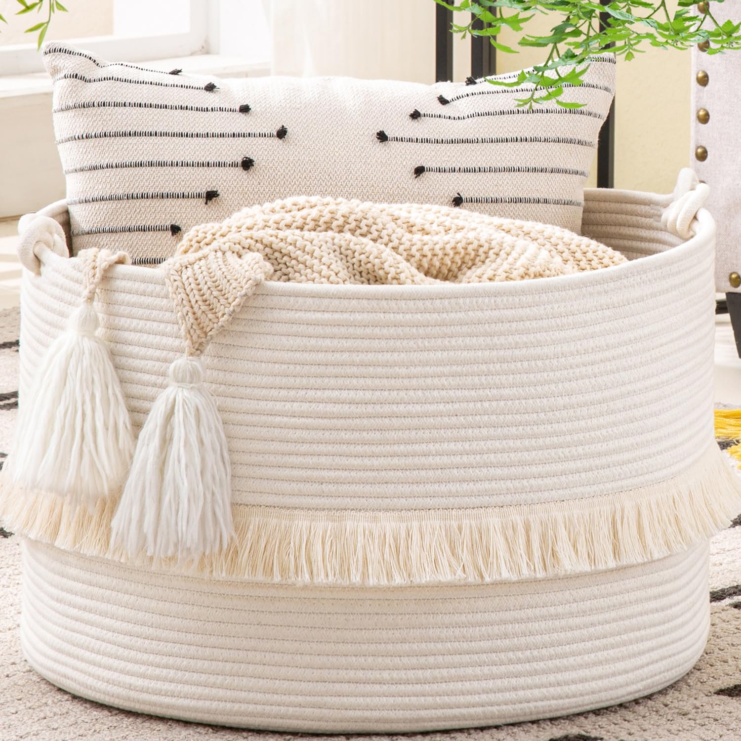 KAKAMAY Large Blanket Basket (20"x13"),Woven Baskets for storage Baby Laundry Hamper, Cotton Rope Blanket Basket for Living Room, Laundry, Nursery, Pillows, Baby Toy chest (White/Brown)