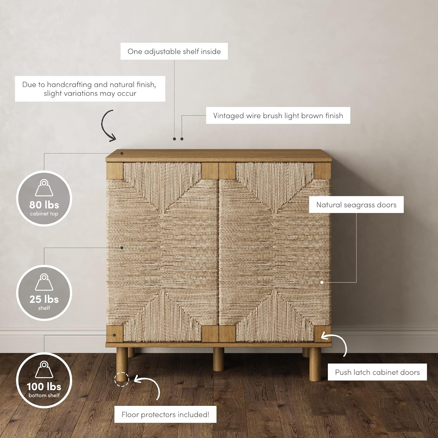 Nathan James Beacon Accent Natural Sideboard Storage Cabinet in Light Wood with Adjustable Interior Shelf and Seagrass Doors, for Hallway, Entryway or Dining Room, Light Brown