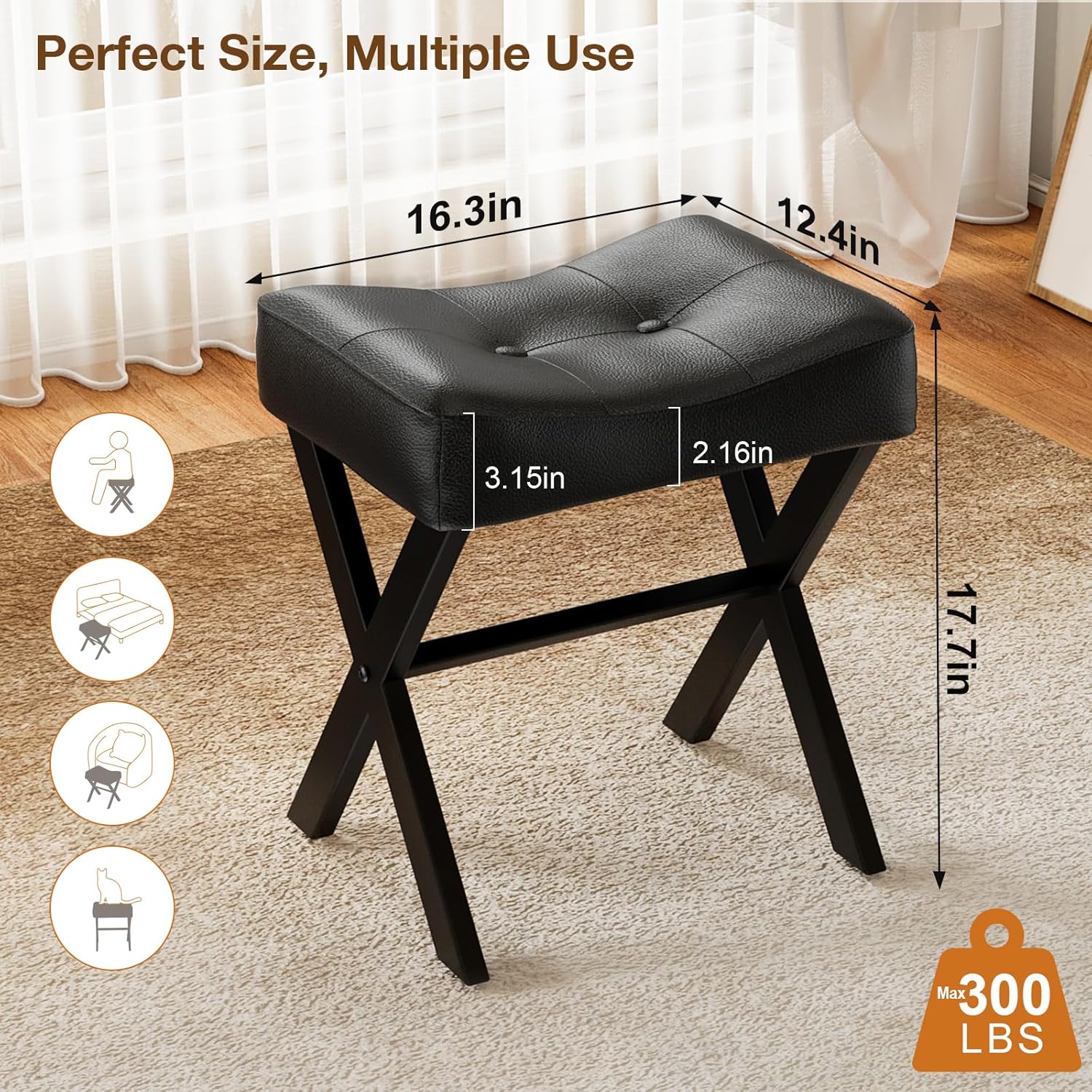 18-Inch Leather Vanity Stool Chair, Vanity Bench with Metal X-Leg, Ottoman Accent Stool with Thick Padded Saddle Seat, Black