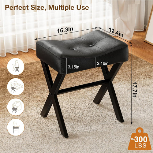 18-Inch Leather Vanity Stool Chair, Vanity Bench with Metal X-Leg, Ottoman Accent Stool with Thick Padded Saddle Seat, Black