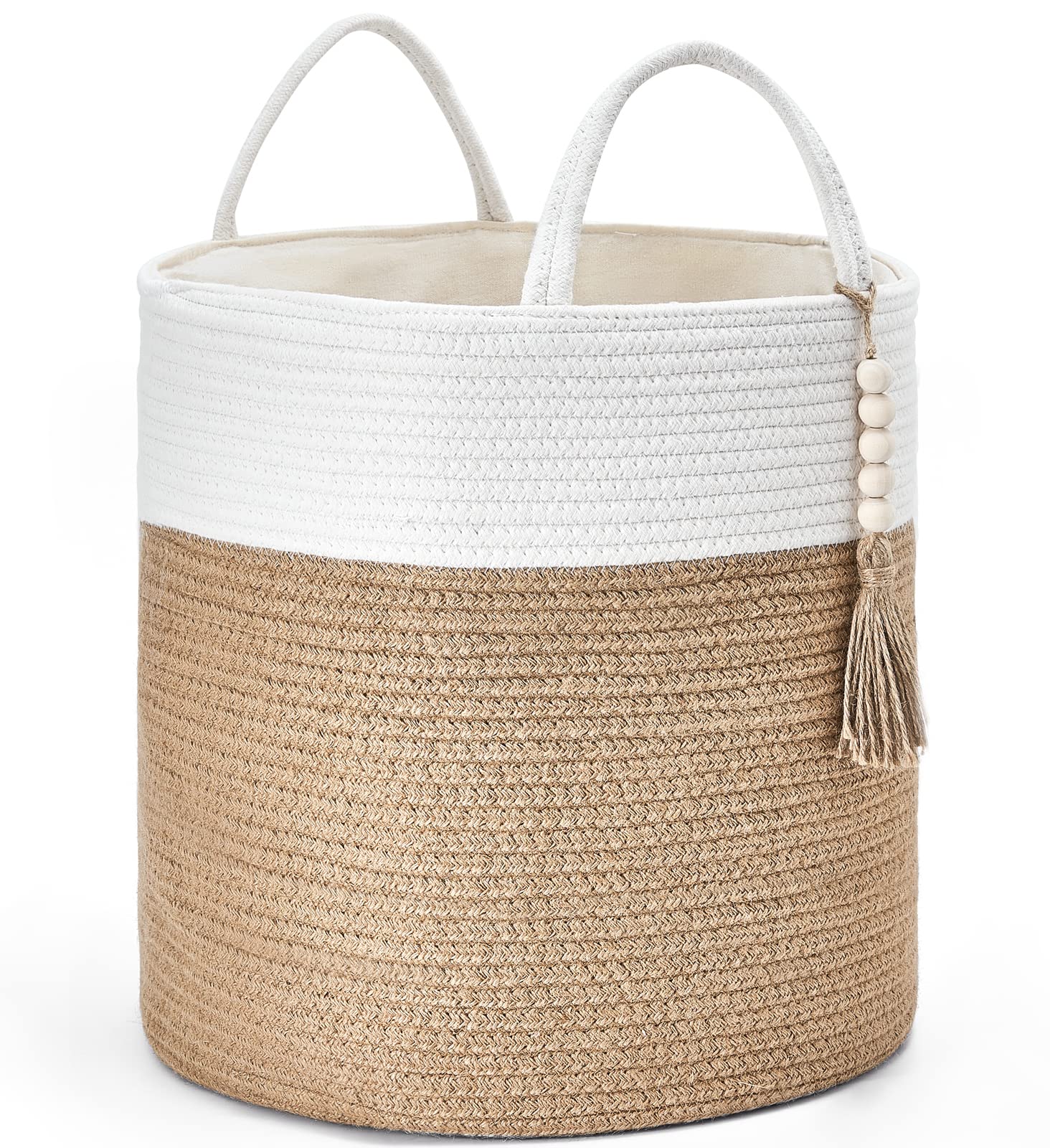 Mkono Woven Storage Basket Decorative Natural Rope Basket Wooden Bead Decoration for Blankets,Toys,Clothes,Shoes,Plant Organizer Bin with Handles Living Room Home Decor, Jute, 16" W × 13.8"L