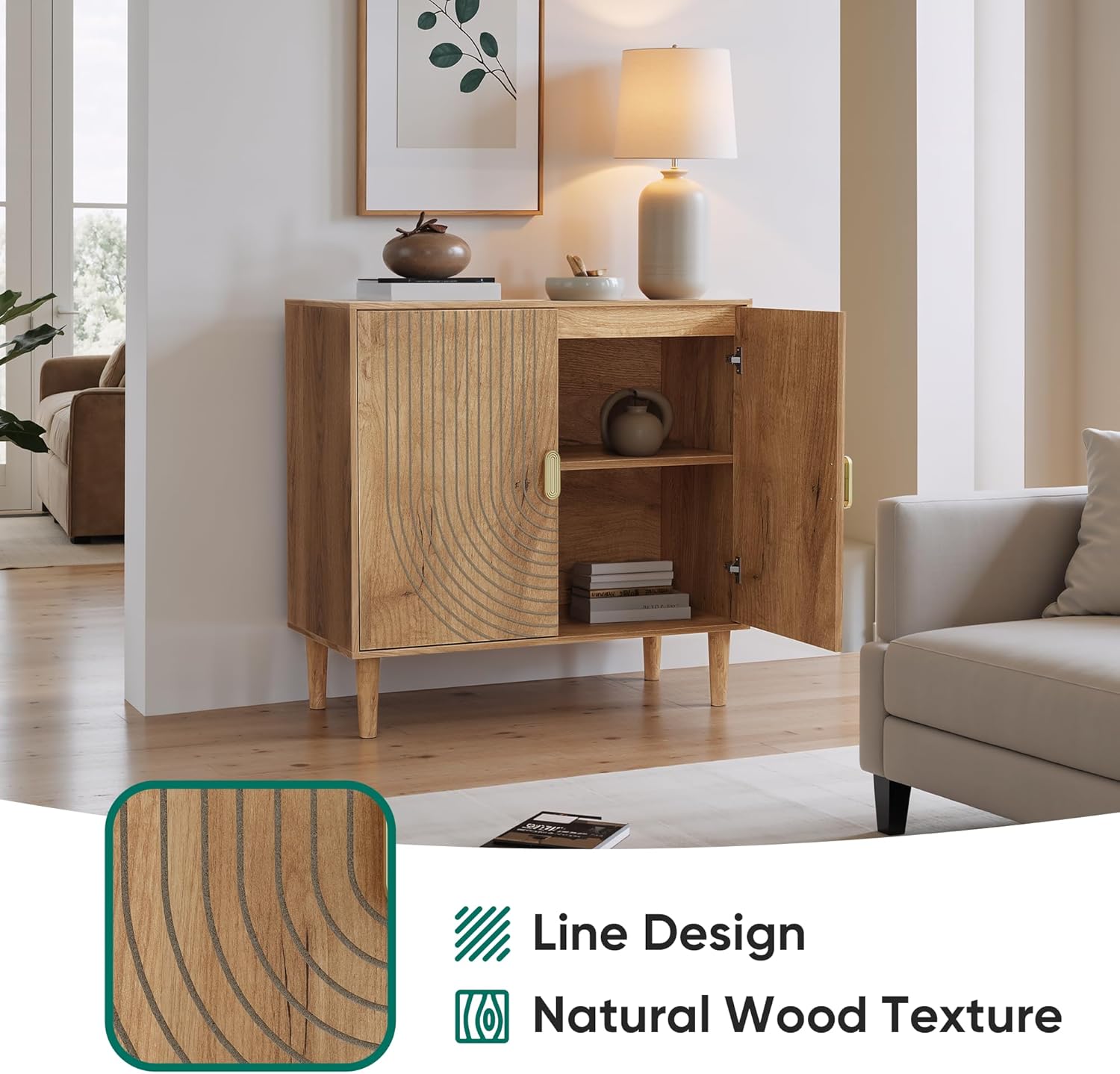 Smuxee Oak Sideboard Cabinet, Freestanding Buffet Cabinet with Line Groove Design, Wood Storage Cabinet with Adjustable Shelf for Living Room, Entryway, Hallway