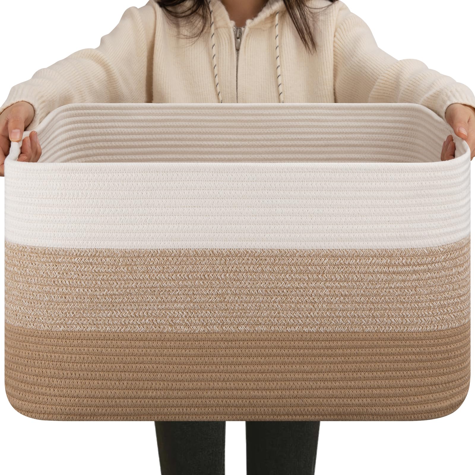 OIAHOMY Large Blanket Basket, 22”x17”x12” Rectangle Woven Baskets, Nursery Blanket Storage Living Room, Toy Storage With Handle, Large Baskets for Organizing-Gradient Yellow