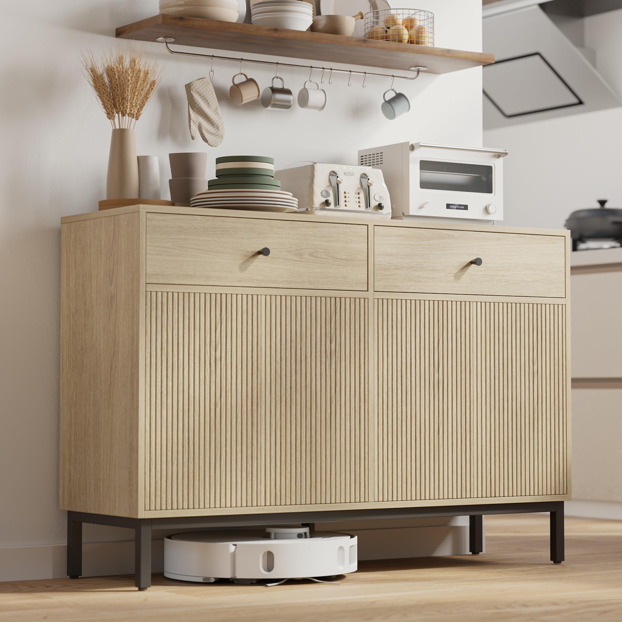 Mericonia Farmhouse Buffet Sideboard Cabinet with Storage, Fluted Coffee Bar with Doors and Adjustable Shelves, Modern Wood Console Cabinet for Kitchen, Livingroom (Fluted 4 Door, Natural)