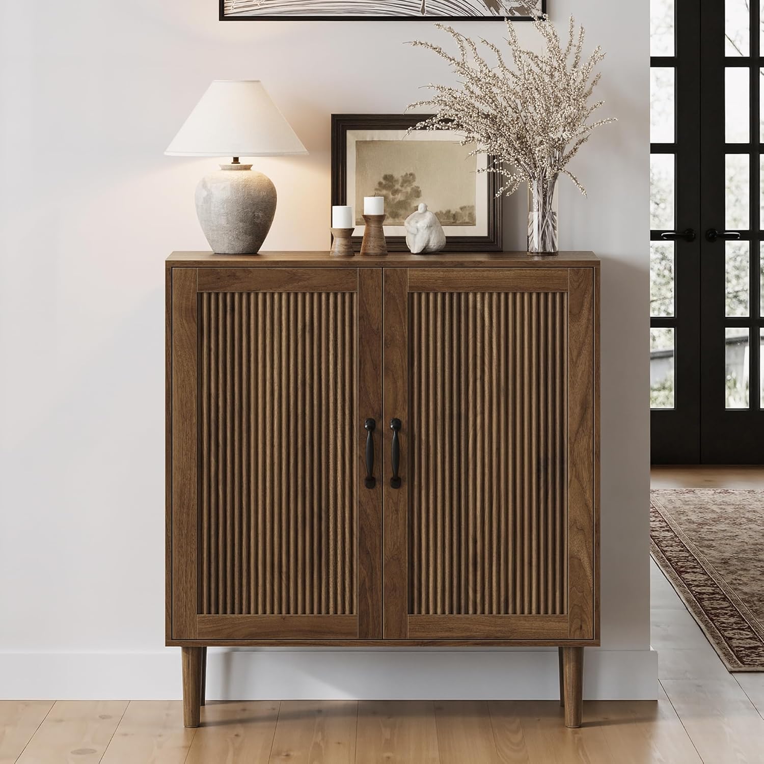Sideboard Cabinet with Adjustable Shelf, Freestanding Small Buffet with Storage, Wooden Console Cabinet with Gradien Fluted Doors for Living Room, Entryway, Console 31.5 in (Walnut)