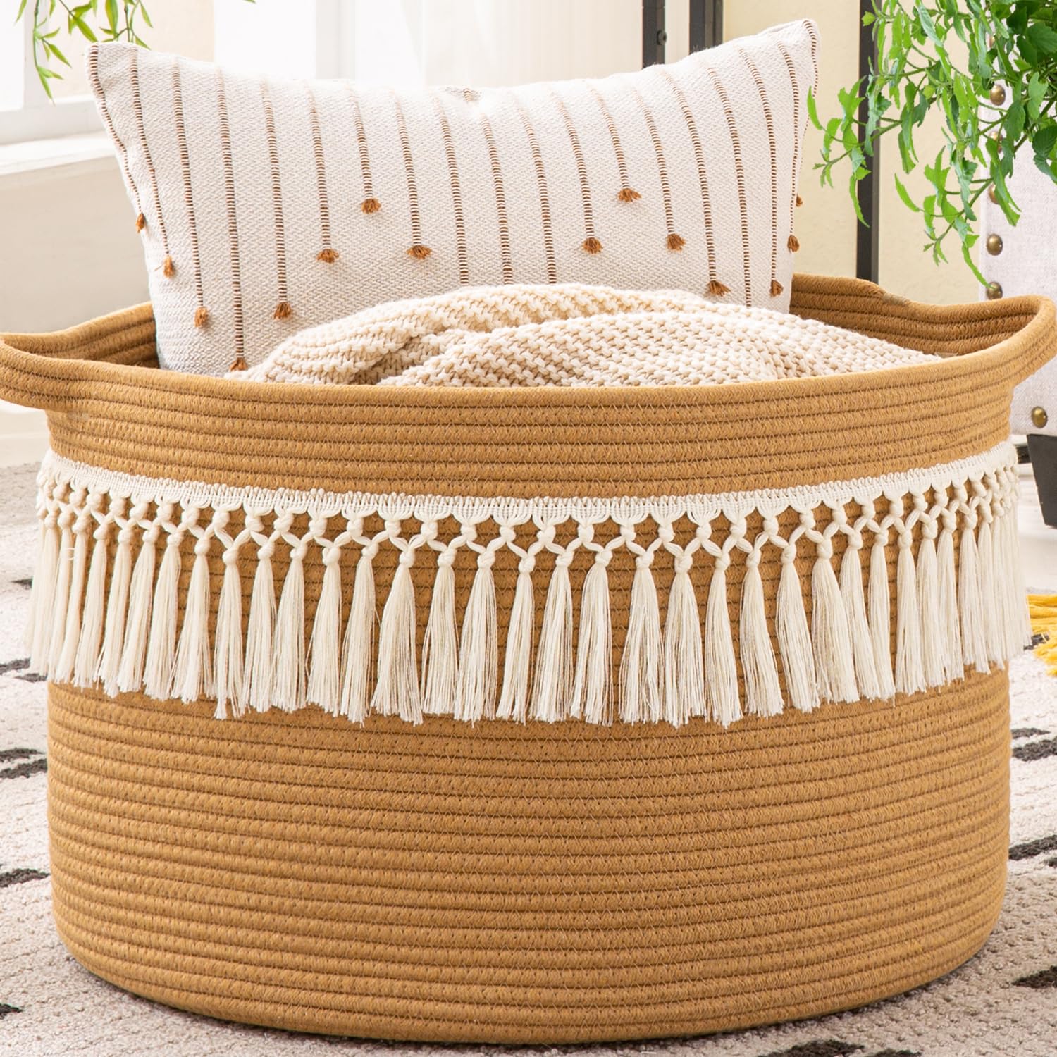 KAKAMAY Large Blanket Basket (20"x13"),Woven Baskets for storage Baby Laundry Hamper, Cotton Rope Blanket Basket for Living Room, Laundry, Nursery, Pillows, Baby Toy chest (White/Brown)