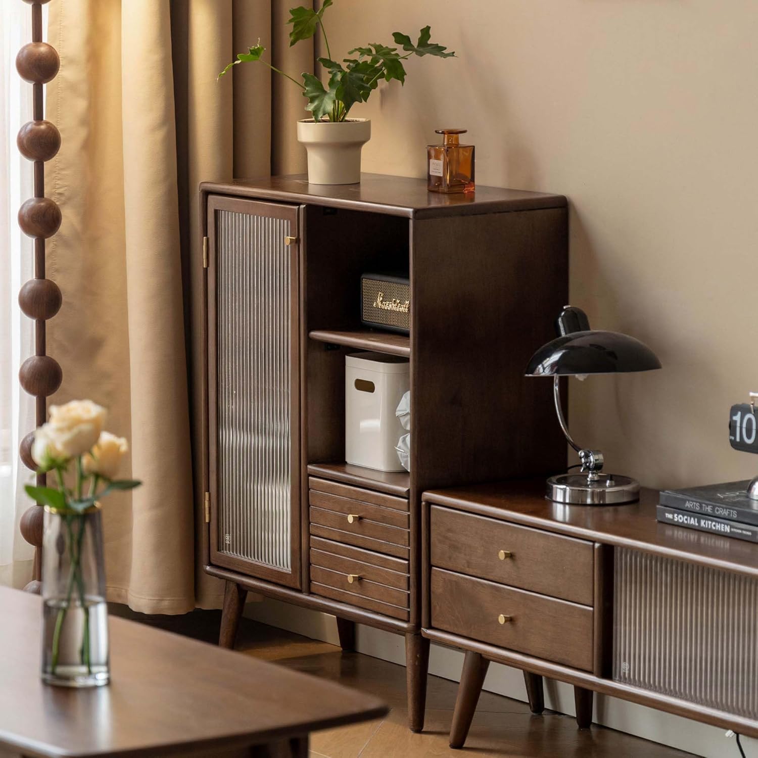 Sideboard Buffet Cabinet with Storage, 100% Solid Rubberwood Wood Coffee Bar with Glass Door & 2 Drawers, Wooden Kitchen Display Cabinet with Adjustable Shelf for Dining Room, Living Room