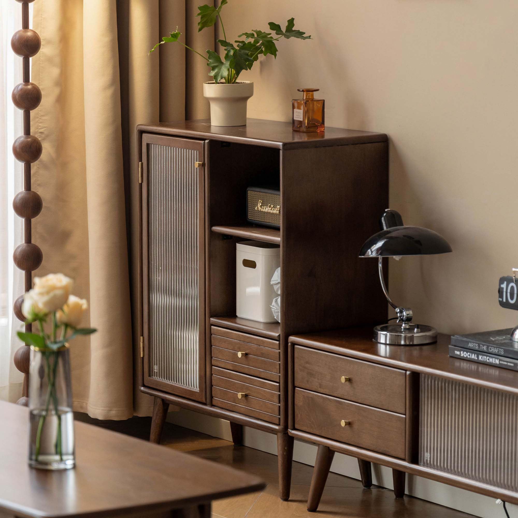 Sideboard Buffet Cabinet with Storage, 100% Solid Rubberwood Wood Coffee Bar with Glass Door & 2 Drawers, Wooden Kitchen Display Cabinet with Adjustable Shelf for Dining Room, Living Room