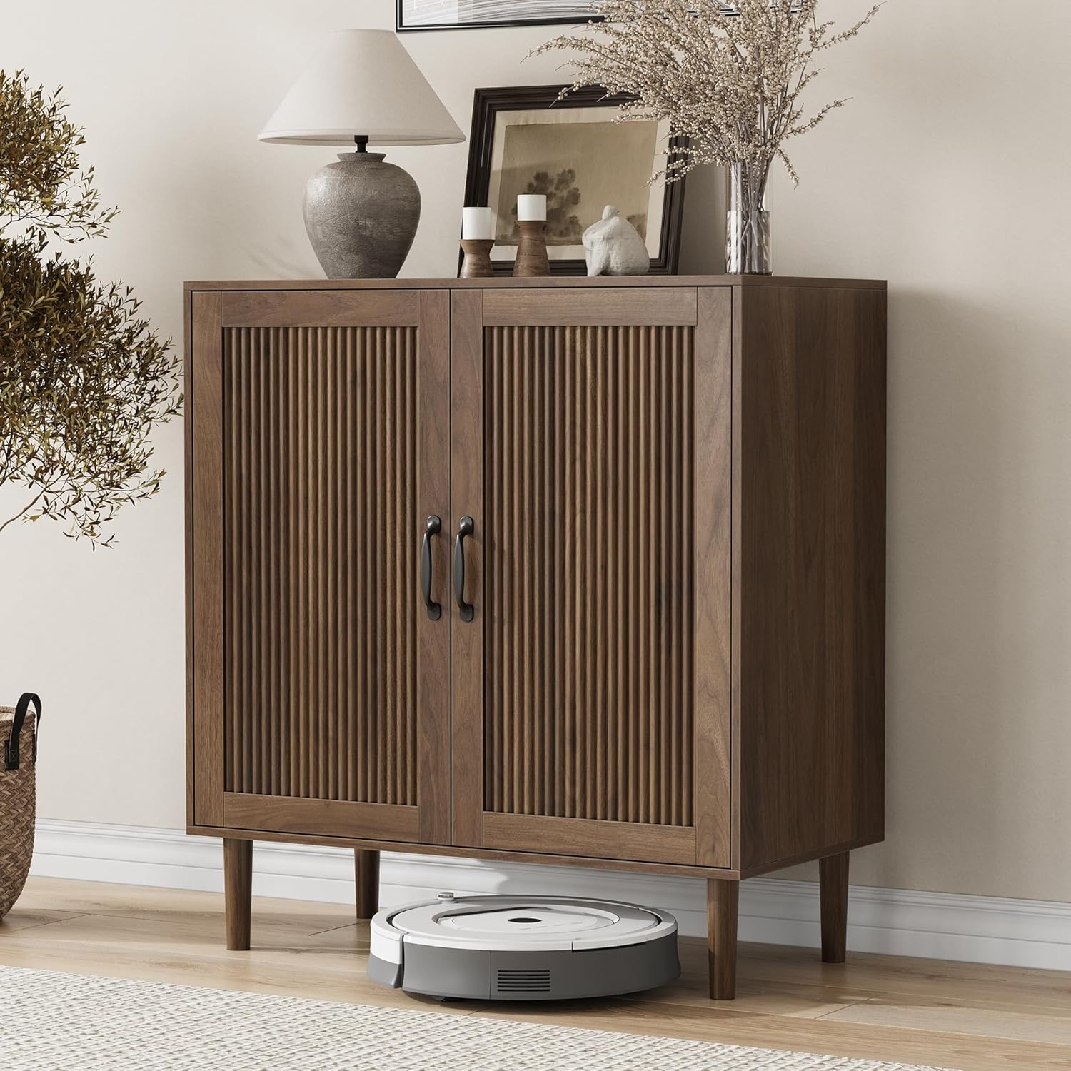 Sideboard Cabinet with Adjustable Shelf, Freestanding Small Buffet with Storage, Wooden Console Cabinet with Gradien Fluted Doors for Living Room, Entryway, Console 31.5 in (Walnut)