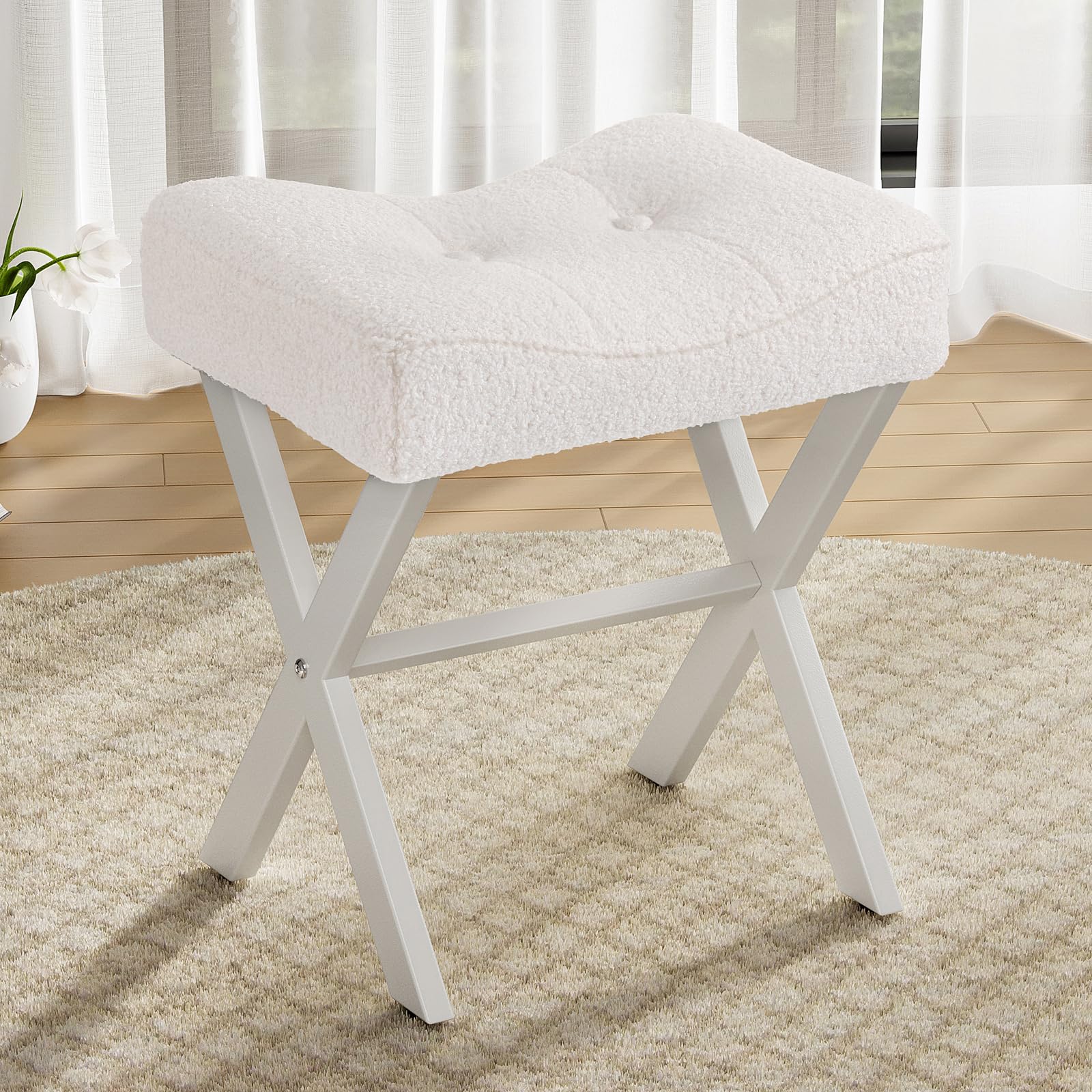 18-Inch Leather Vanity Stool Chair, Vanity Bench with Metal X-Leg, Ottoman Accent Stool with Thick Padded Saddle Seat, Black