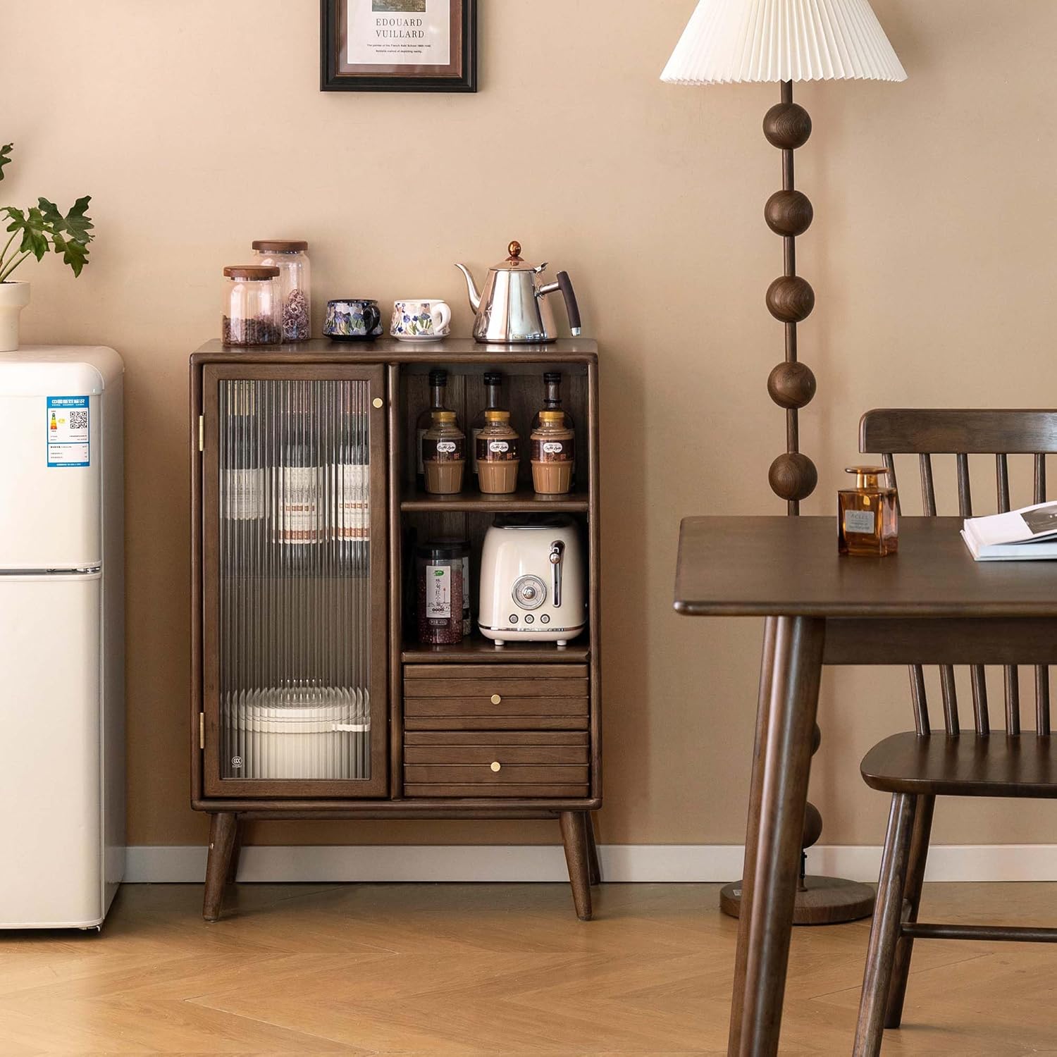 Sideboard Buffet Cabinet with Storage, 100% Solid Rubberwood Wood Coffee Bar with Glass Door & 2 Drawers, Wooden Kitchen Display Cabinet with Adjustable Shelf for Dining Room, Living Room