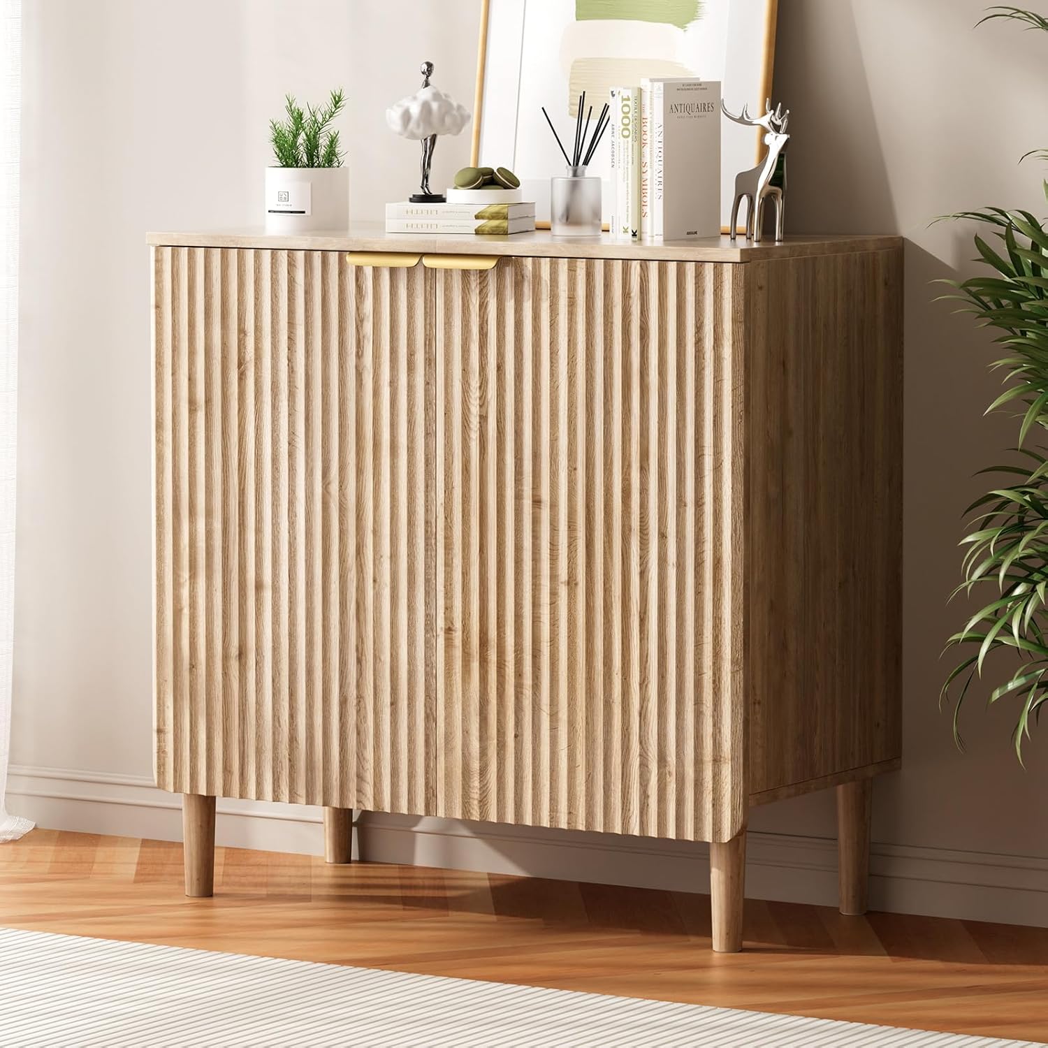 Sideboard Buffet Storage Cabinet - Wood Cabinets with Adjustable Shelves Fluted Doors, Anti-Tip Console Table for Kitchen Dining Living Room or Entryway Hallway, Easy Assembly, Natural