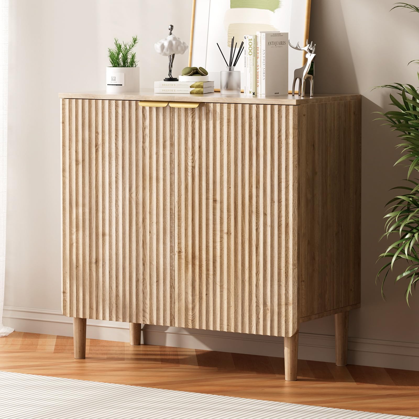 Sideboard Buffet Storage Cabinet - Wood Cabinets with Adjustable Shelves Fluted Doors, Anti-Tip Console Table for Kitchen Dining Living Room or Entryway Hallway, Easy Assembly, Natural