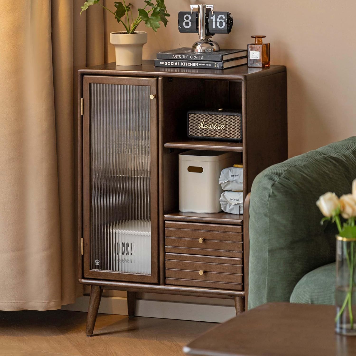 Sideboard Buffet Cabinet with Storage, 100% Solid Rubberwood Wood Coffee Bar with Glass Door & 2 Drawers, Wooden Kitchen Display Cabinet with Adjustable Shelf for Dining Room, Living Room