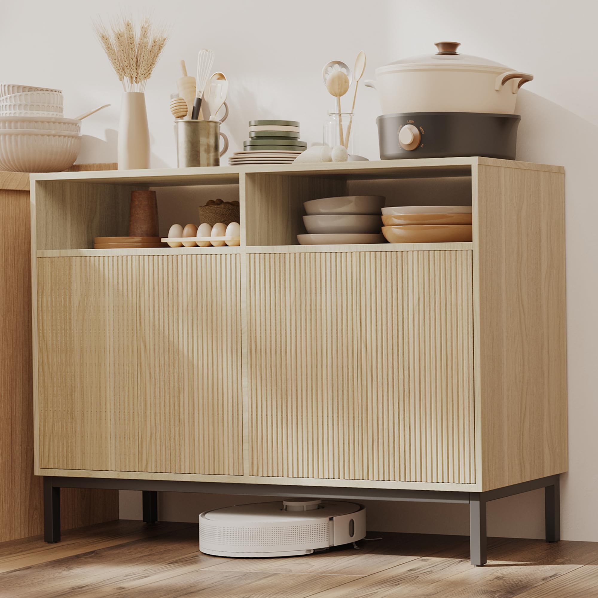 Mericonia Farmhouse Buffet Sideboard Cabinet with Storage, Fluted Coffee Bar with Doors and Adjustable Shelves, Modern Wood Console Cabinet for Kitchen, Livingroom (Fluted 4 Door, Natural)