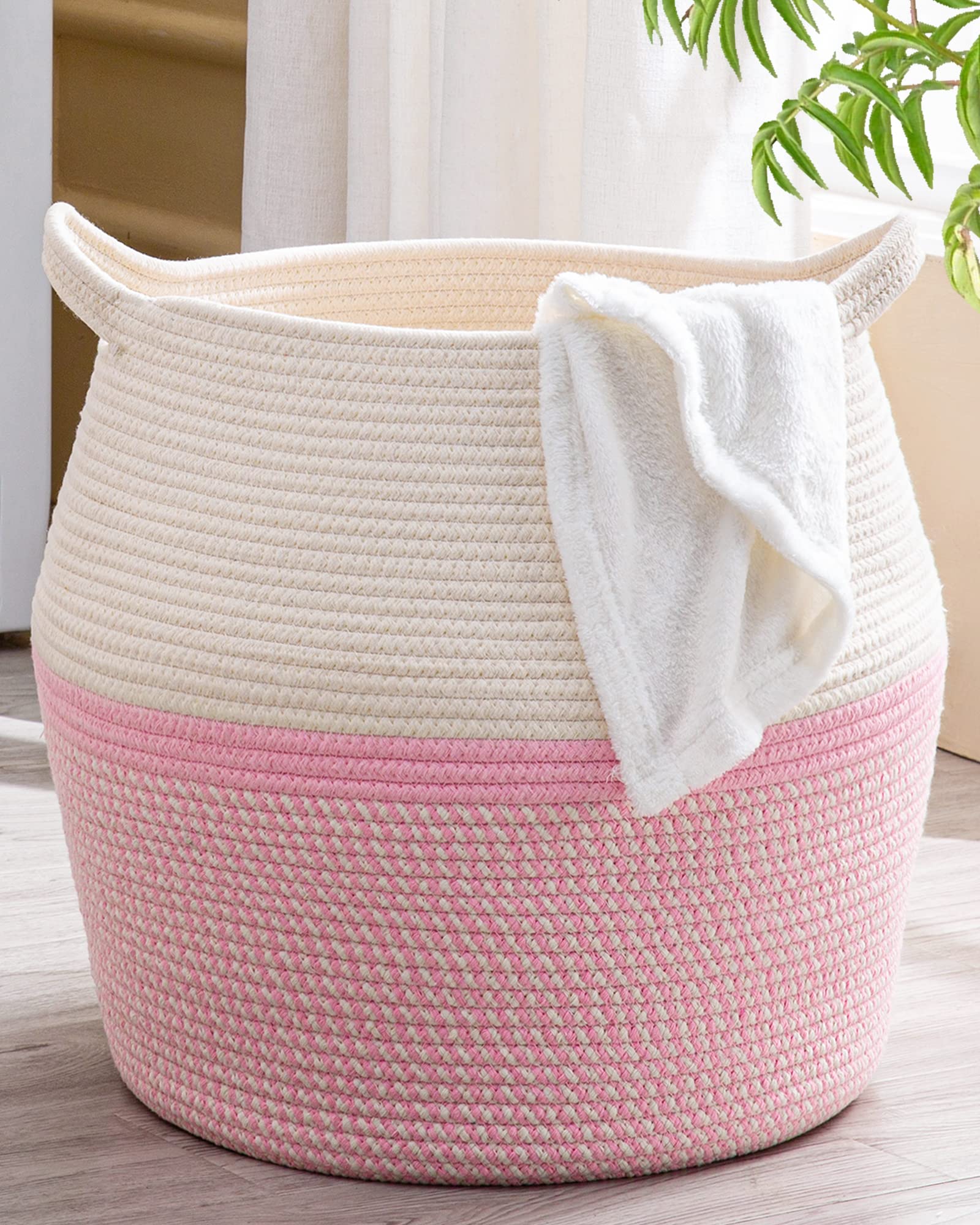 KAKAMAY Woven Baskets for Storage(17"x17"),Large Cotton Rope Woven Baby Laundry Hamper,Collapsible Laundry Basket, Blanket Basket for Organizing Living Room,Nursery,Clothes,Toy chest (Black)
