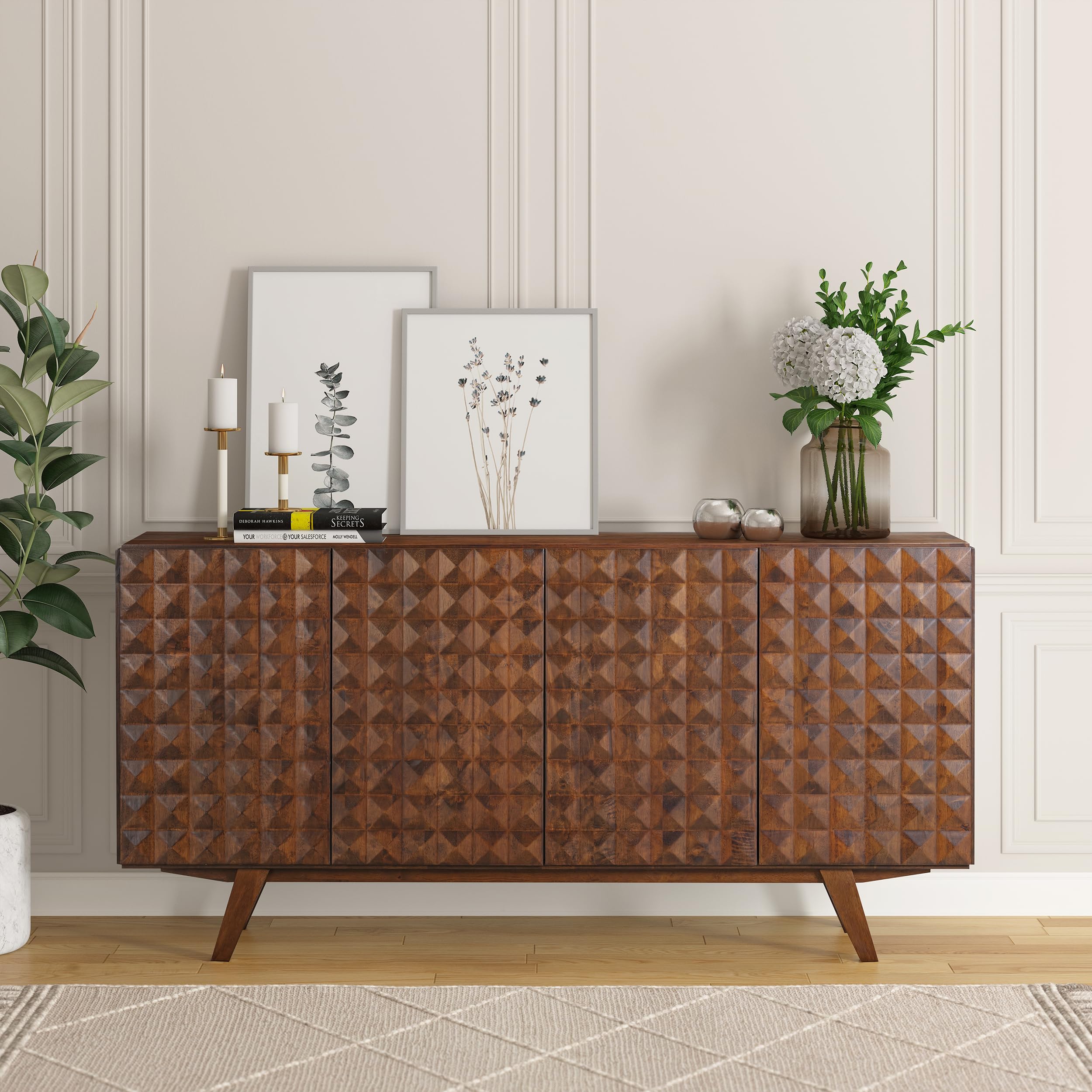 NTC Sapa Mid-Century Modern Solid Wood Sideboard – 4-Door Accent Buffet Cabinet with Carved Geometric Fronts, for Living Room, or Entryway, Effortless Assembly, Sand