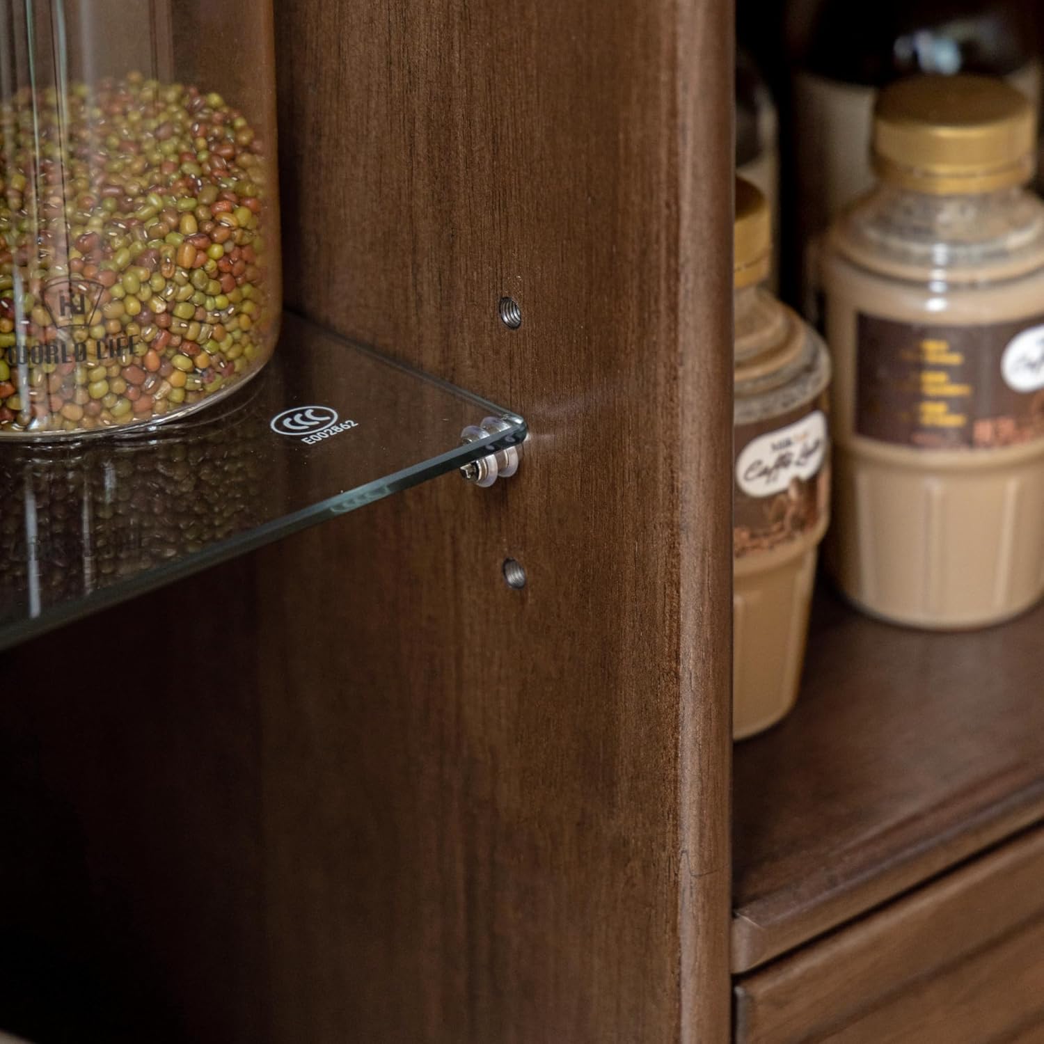 Sideboard Buffet Cabinet with Storage, 100% Solid Rubberwood Wood Coffee Bar with Glass Door & 2 Drawers, Wooden Kitchen Display Cabinet with Adjustable Shelf for Dining Room, Living Room