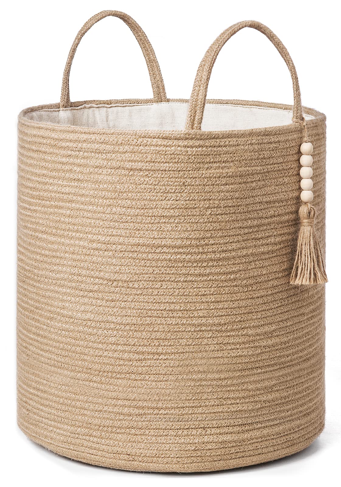 Mkono Woven Storage Basket Decorative Natural Rope Basket Wooden Bead Decoration for Blankets,Toys,Clothes,Shoes,Plant Organizer Bin with Handles Living Room Home Decor, Jute, 16" W × 13.8"L