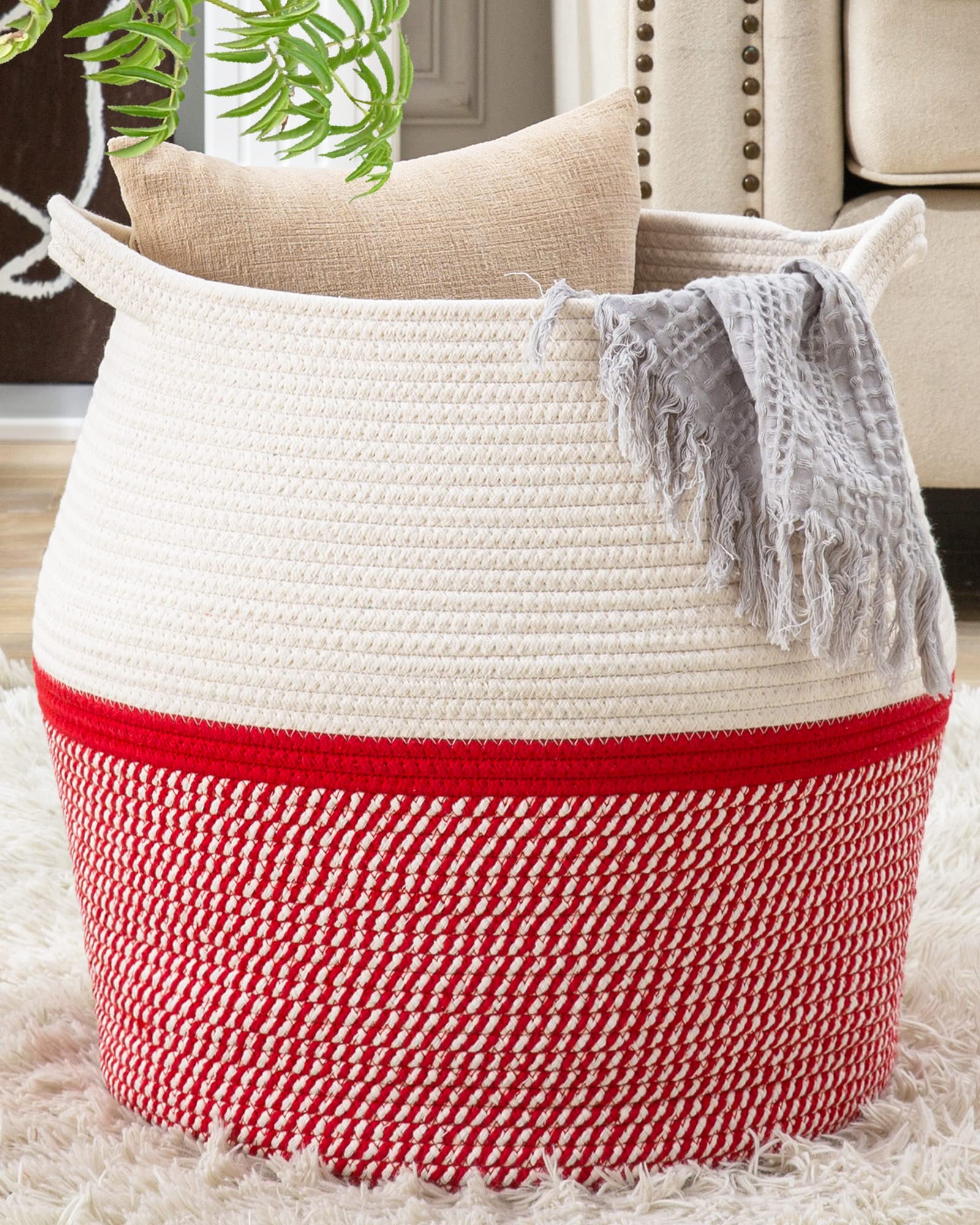 KAKAMAY Woven Baskets for Storage(17"x17"),Large Cotton Rope Basket Woven Baby Laundry Hamper,Collapsible Laundry Basket, Blanket Basket for Organizing Living Room,Nursery,Pillows,Toy Chest(Grey)