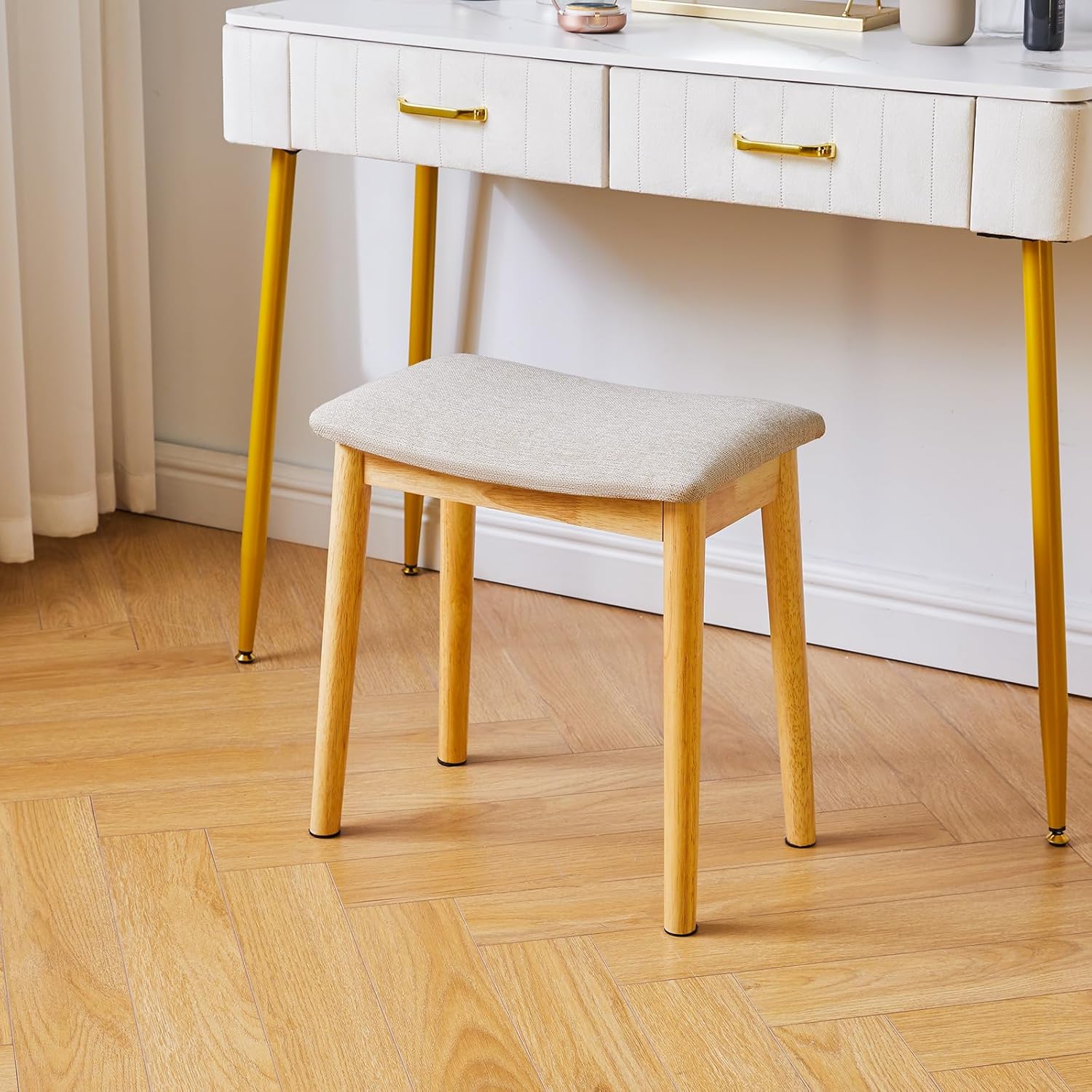 IBUYKE Saddle Cushion Vanity Stool Chair, Foot Rest Stool with Solid Wood Legs, Modern Vanity Bench Ottoman for Piano, Upholstered Seat for Bedroom, Entryway, Wooden Legs&Light Linen WBD007NY