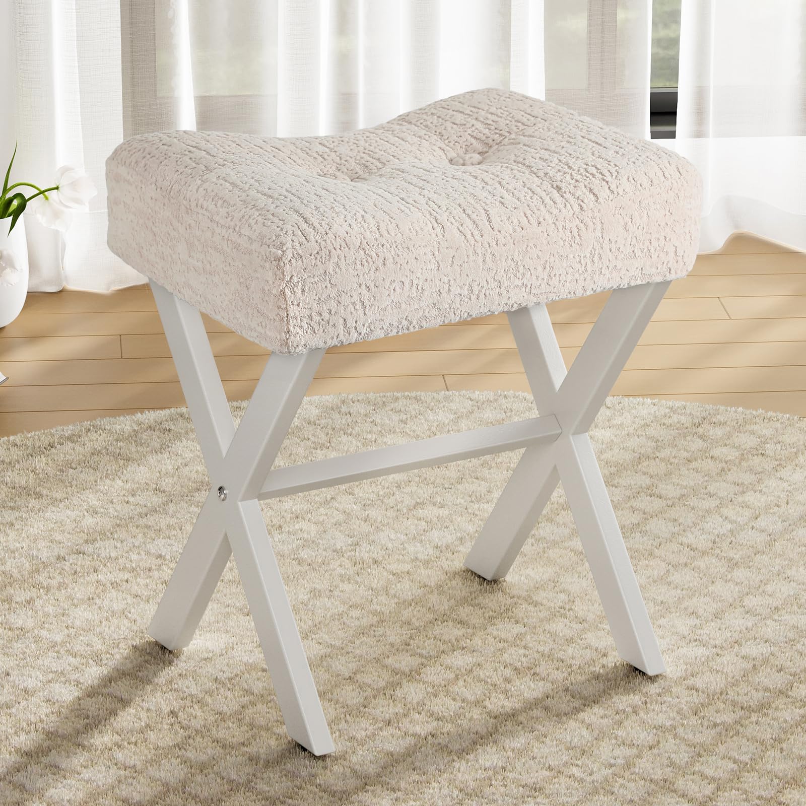 18-Inch Leather Vanity Stool Chair, Vanity Bench with Metal X-Leg, Ottoman Accent Stool with Thick Padded Saddle Seat, Black