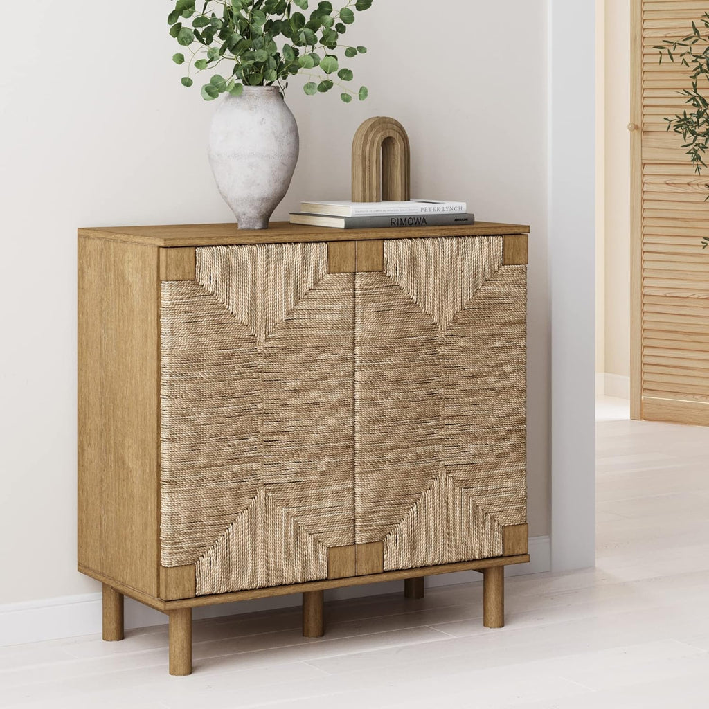 Nathan James Beacon Accent Natural Sideboard Storage Cabinet in Light Wood with Adjustable Interior Shelf and Seagrass Doors, for Hallway, Entryway or Dining Room, Light Brown