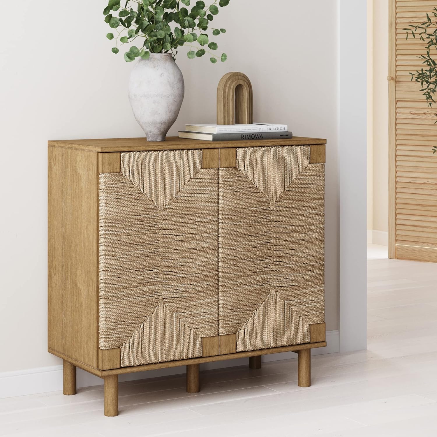 Nathan James Beacon Accent Natural Sideboard Storage Cabinet in Light Wood with Adjustable Interior Shelf and Seagrass Doors, for Hallway, Entryway or Dining Room, Light Brown