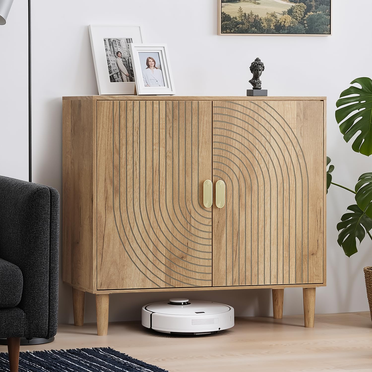 Smuxee Oak Sideboard Cabinet, Freestanding Buffet Cabinet with Line Groove Design, Wood Storage Cabinet with Adjustable Shelf for Living Room, Entryway, Hallway