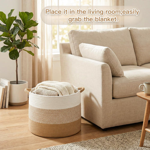 70L Large Cotton Rope Basket, Decorative Woven Blanket Storage for Living Room, Boho Toy Storage & Toy Box for Kids, Versatile Laundry Basket & Nursery Hamper for Blankets(Brown)