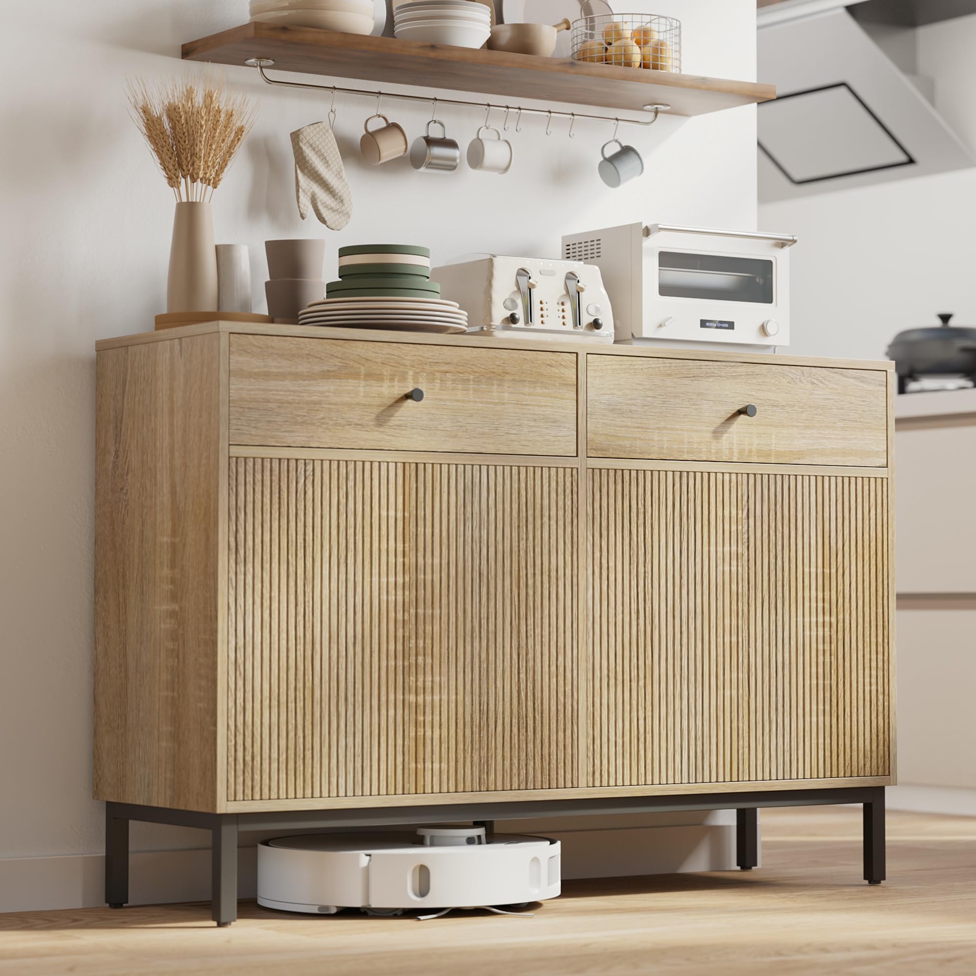 Mericonia Farmhouse Buffet Sideboard Cabinet with Storage, Fluted Coffee Bar with Doors and Adjustable Shelves, Modern Wood Console Cabinet for Kitchen, Livingroom (Fluted 4 Door, Natural)