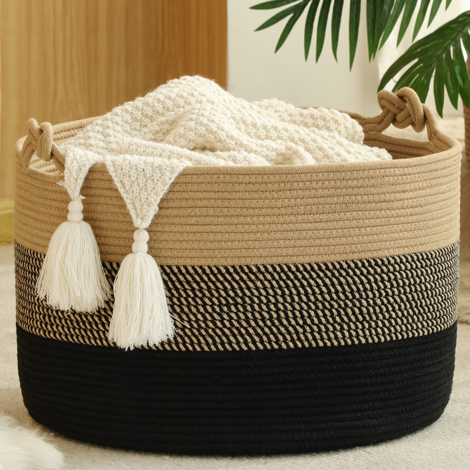 KAKAMAY Large Blanket Basket (20"x13"),Woven Baskets for storage Baby Laundry Hamper, Cotton Rope Blanket Basket for Living Room, Laundry, Nursery, Pillows, Baby Toy chest (White/Brown)
