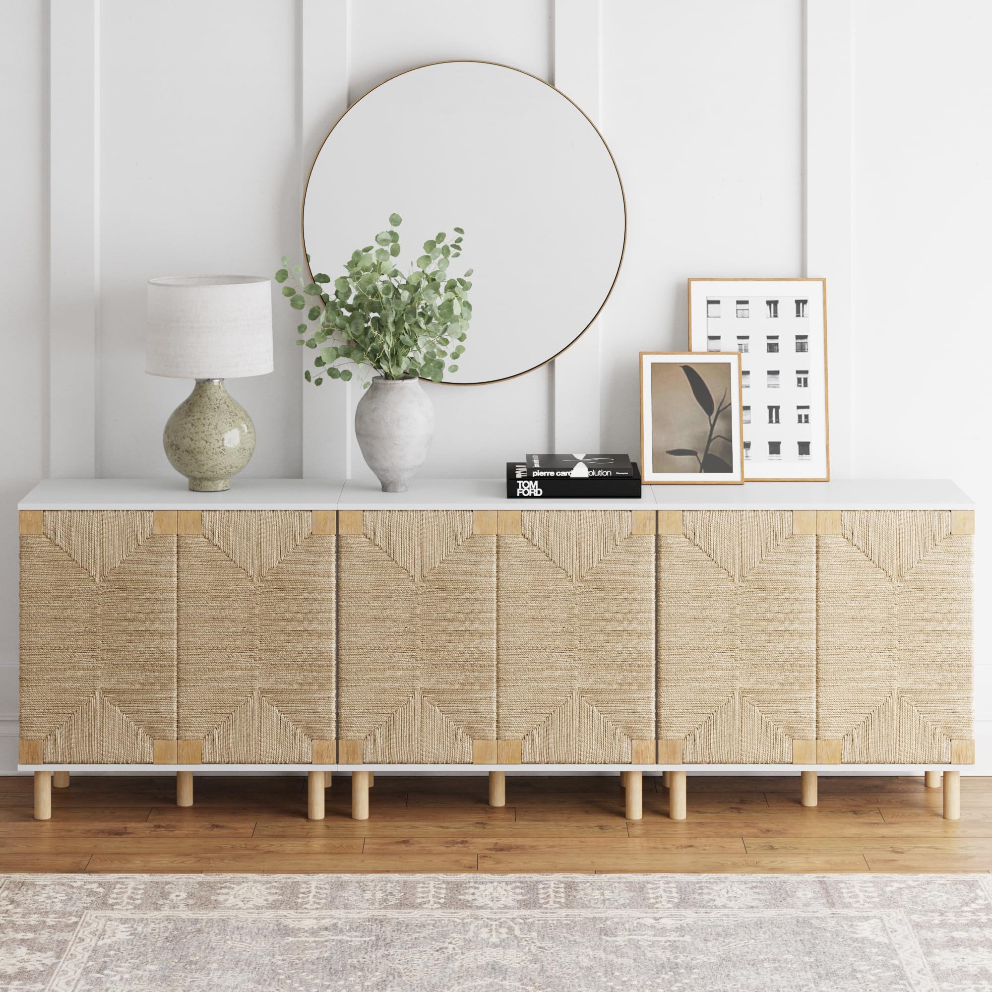 Nathan James Beacon Accent Natural Sideboard Storage Cabinet in Light Wood with Adjustable Interior Shelf and Seagrass Doors, for Hallway, Entryway or Dining Room, Light Brown