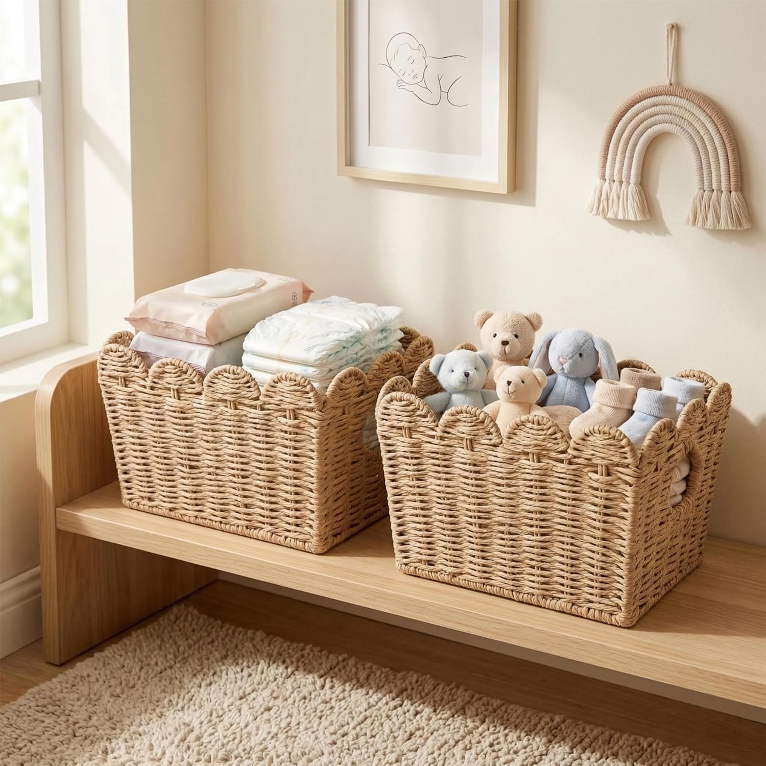 2 Pack Scalloped Wicker Baskets for Shelves, Paper Rope Storage Baskets for Organizing with Handles, Decorative Woven Baskets for Bathroom, Closet, Nursery