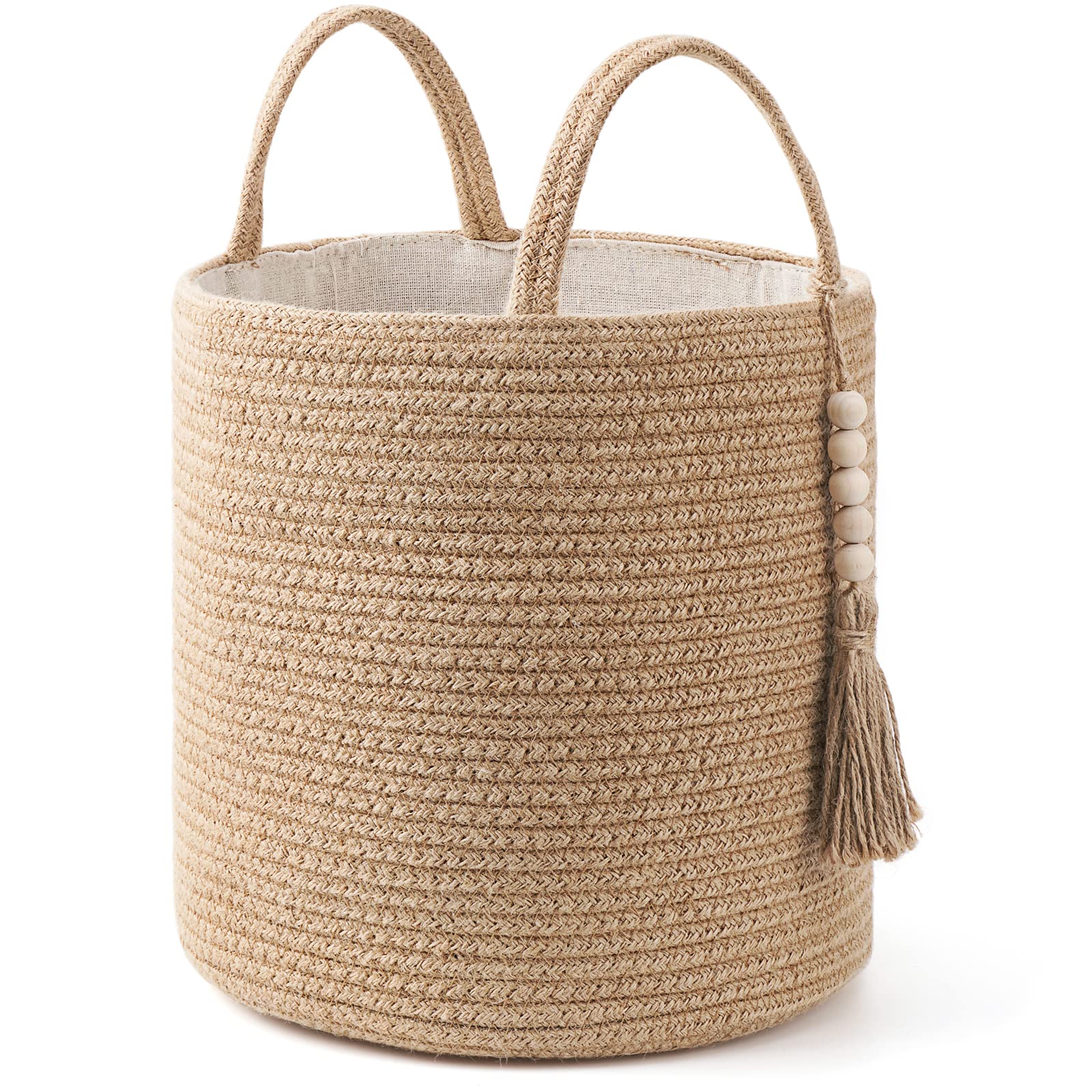 Mkono Woven Storage Basket Decorative Natural Rope Basket Wooden Bead Decoration for Blankets,Toys,Clothes,Shoes,Plant Organizer Bin with Handles Living Room Home Decor, Jute, 16" W × 13.8"L