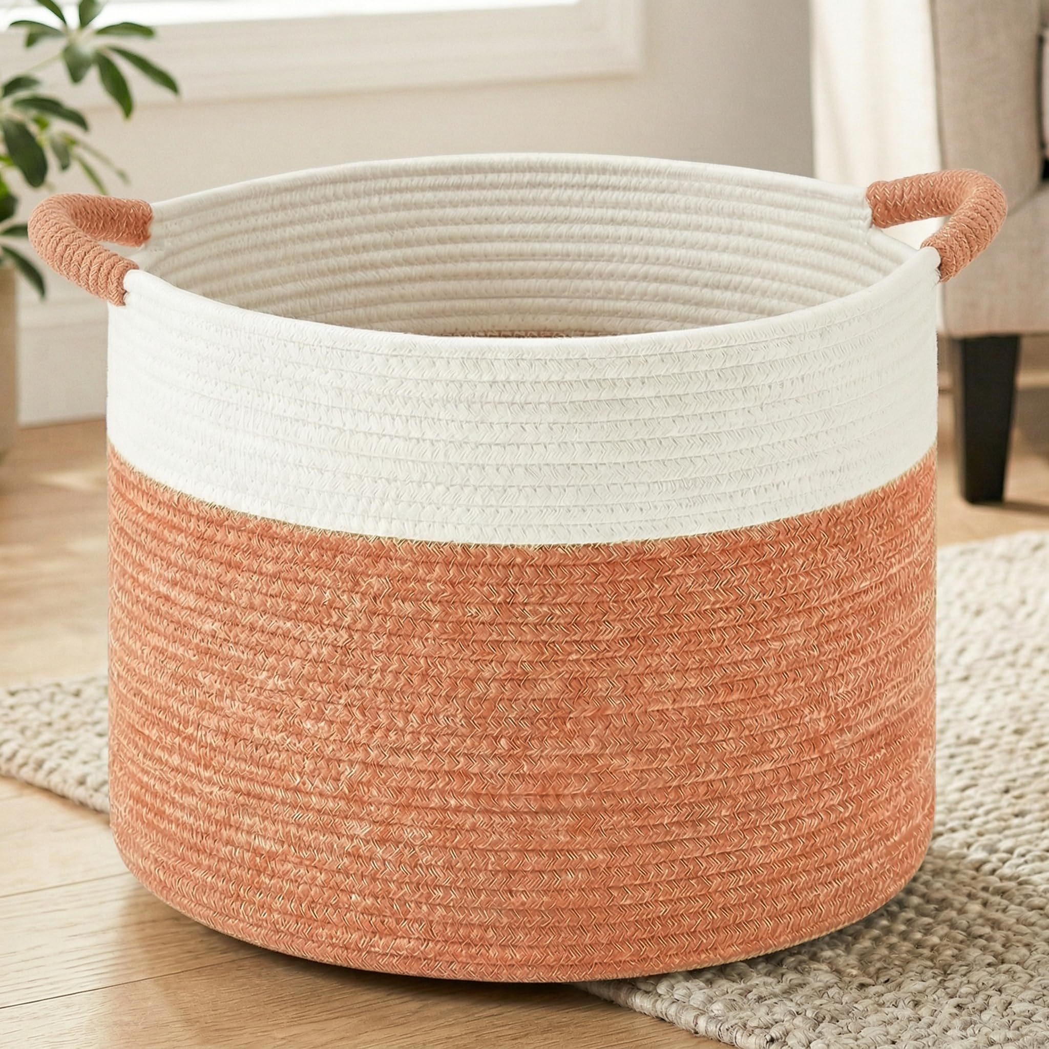 70L Large Cotton Rope Basket, Decorative Woven Blanket Storage for Living Room, Boho Toy Storage & Toy Box for Kids, Versatile Laundry Basket & Nursery Hamper for Blankets(Brown)