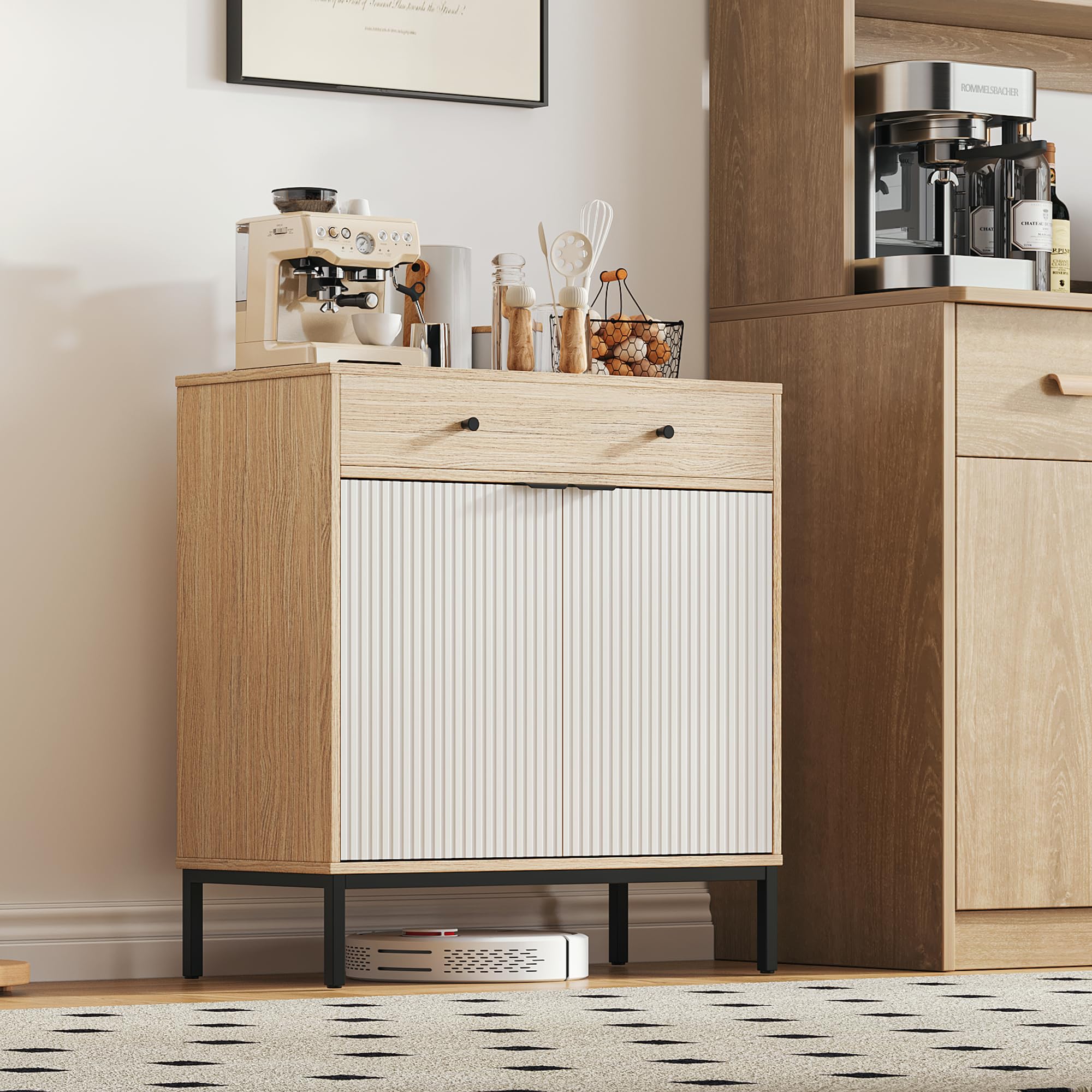 Mericonia Farmhouse Buffet Sideboard Cabinet with Storage, Fluted Coffee Bar with Doors and Adjustable Shelves, Modern Wood Console Cabinet for Kitchen, Livingroom (Fluted 4 Door, Natural)