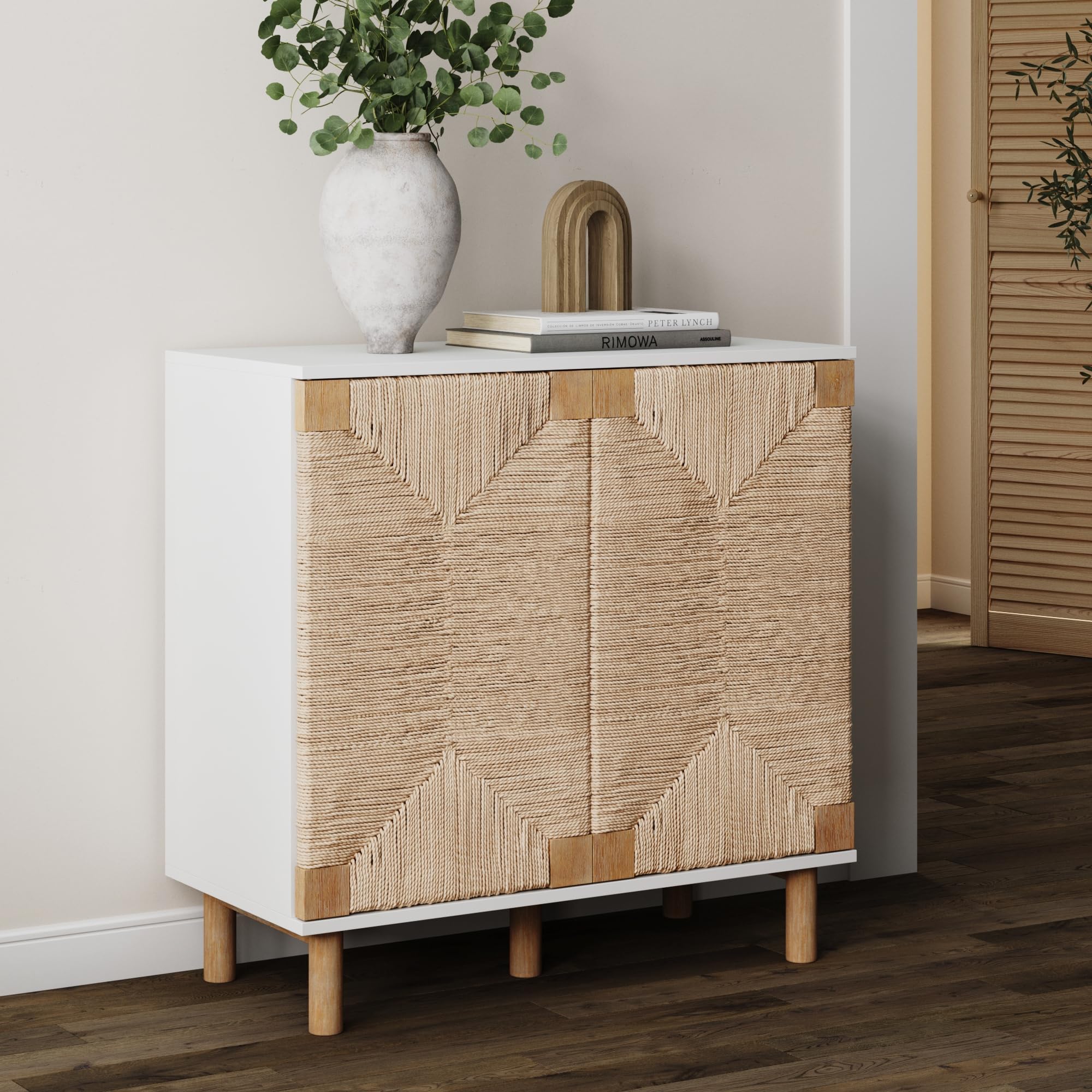 Nathan James Beacon Accent Natural Sideboard Storage Cabinet in Light Wood with Adjustable Interior Shelf and Seagrass Doors, for Hallway, Entryway or Dining Room, Light Brown