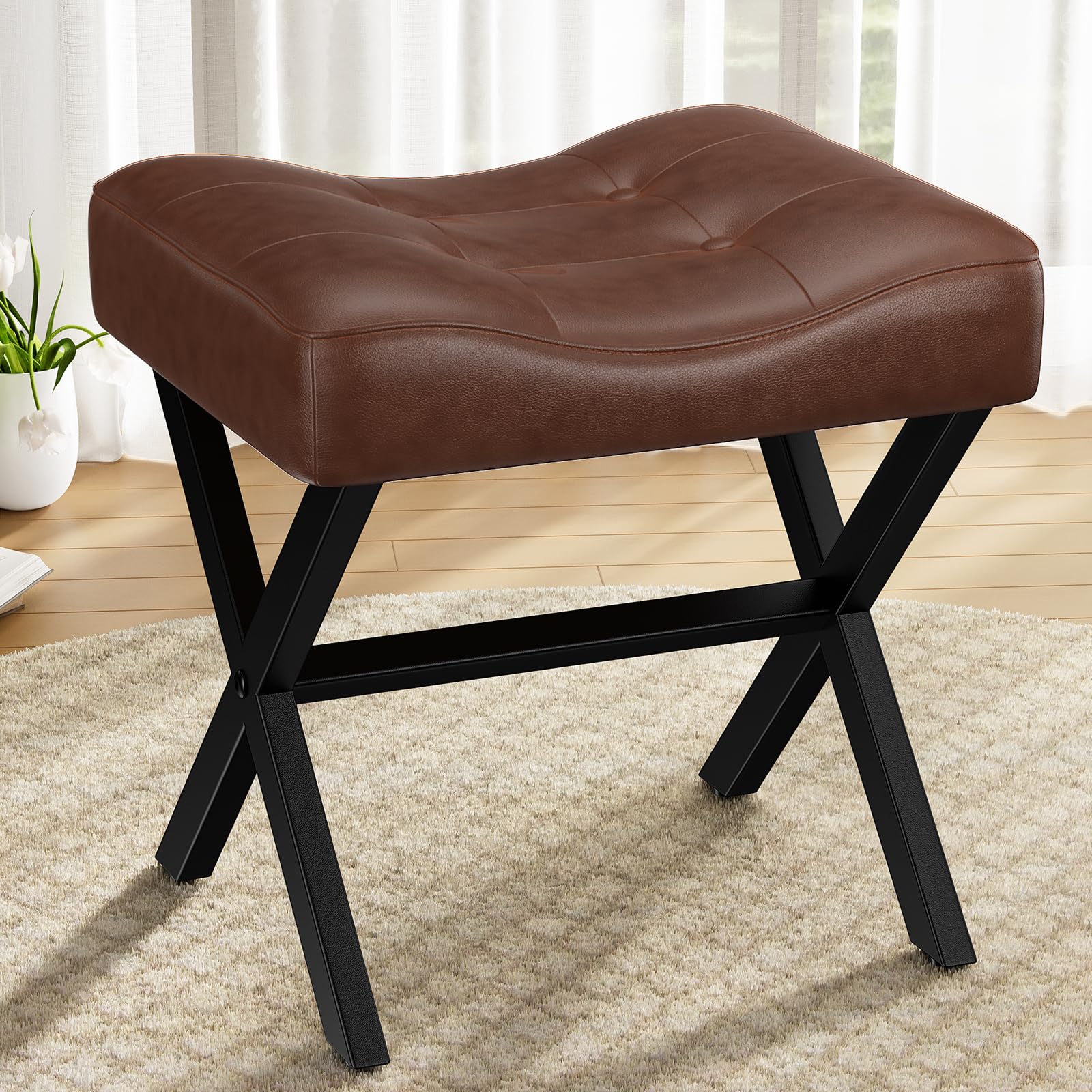 18-Inch Leather Vanity Stool Chair, Vanity Bench with Metal X-Leg, Ottoman Accent Stool with Thick Padded Saddle Seat, Black