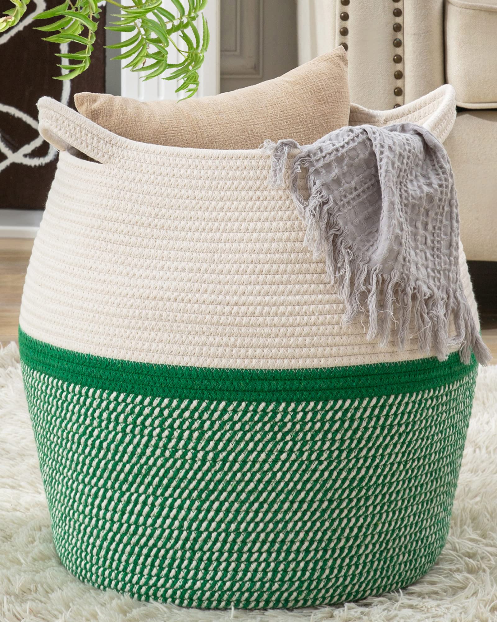 KAKAMAY Woven Baskets for Storage(17"x17"),Large Cotton Rope Basket Woven Baby Laundry Hamper,Collapsible Laundry Basket, Blanket Basket for Organizing Living Room,Nursery,Pillows,Toy Chest(Grey)