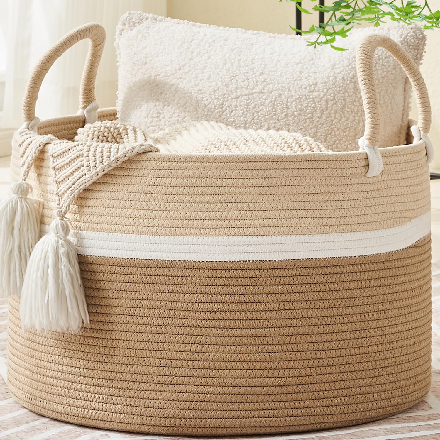 KAKAMAY Large Blanket Basket (20"x13"),Woven Baskets for storage Baby Laundry Hamper, Cotton Rope Blanket Basket for Living Room, Laundry, Nursery, Pillows, Baby Toy chest (White/Brown)