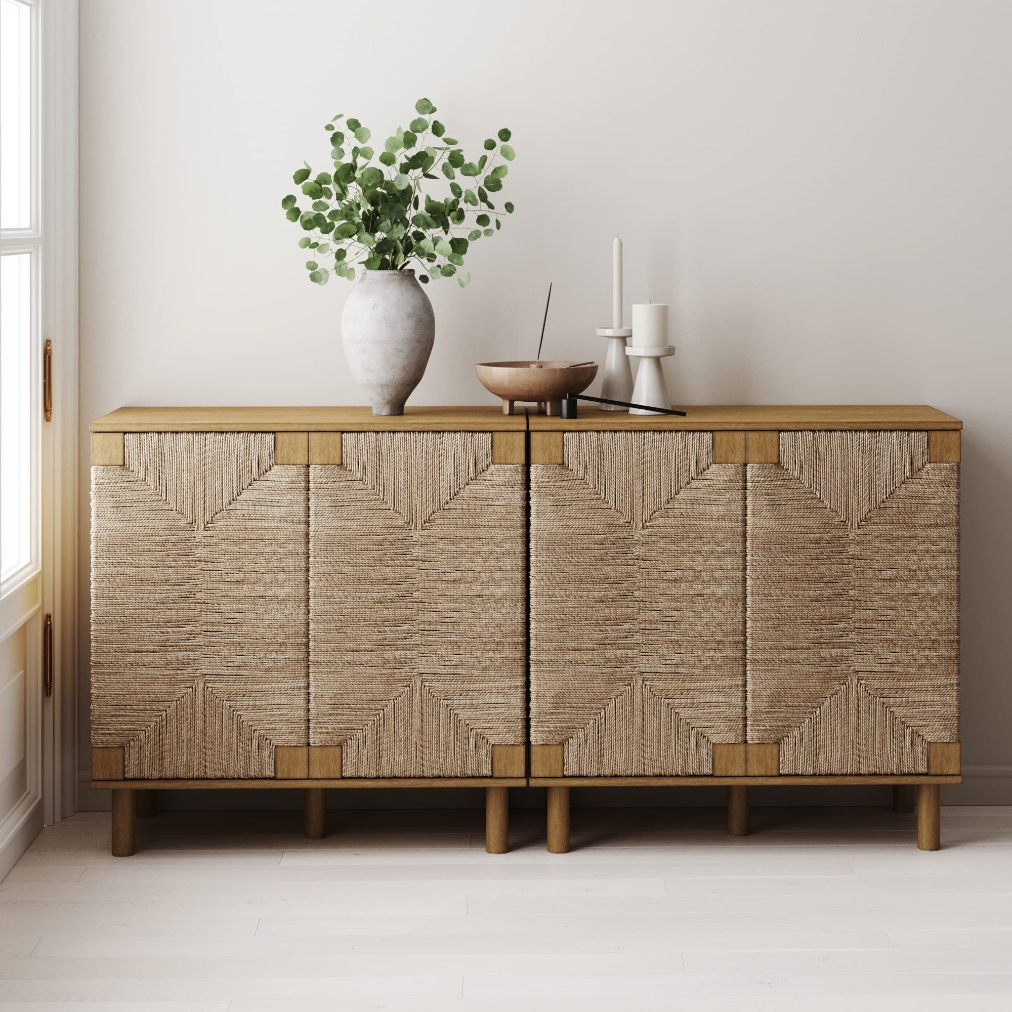 Nathan James Beacon Accent Natural Sideboard Storage Cabinet in Light Wood with Adjustable Interior Shelf and Seagrass Doors, for Hallway, Entryway or Dining Room, Light Brown
