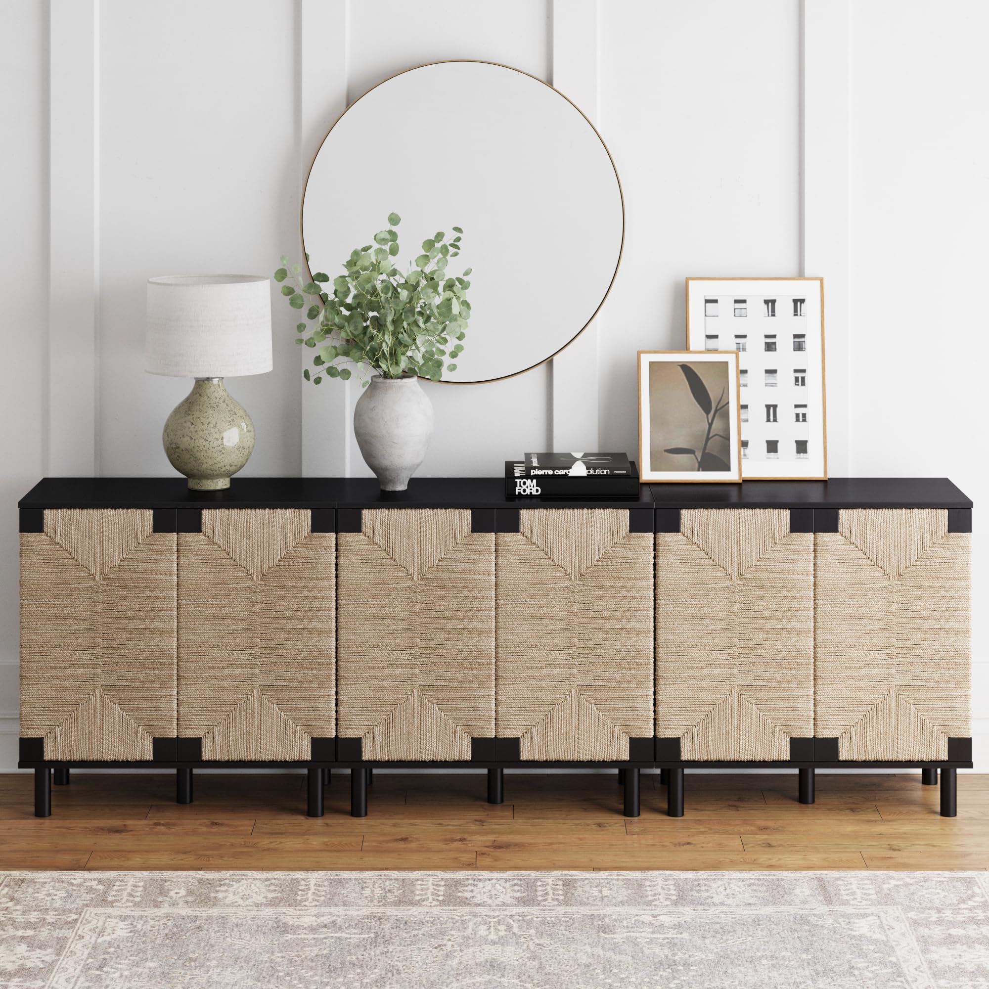 Nathan James Beacon Accent Natural Sideboard Storage Cabinet in Light Wood with Adjustable Interior Shelf and Seagrass Doors, for Hallway, Entryway or Dining Room, Light Brown