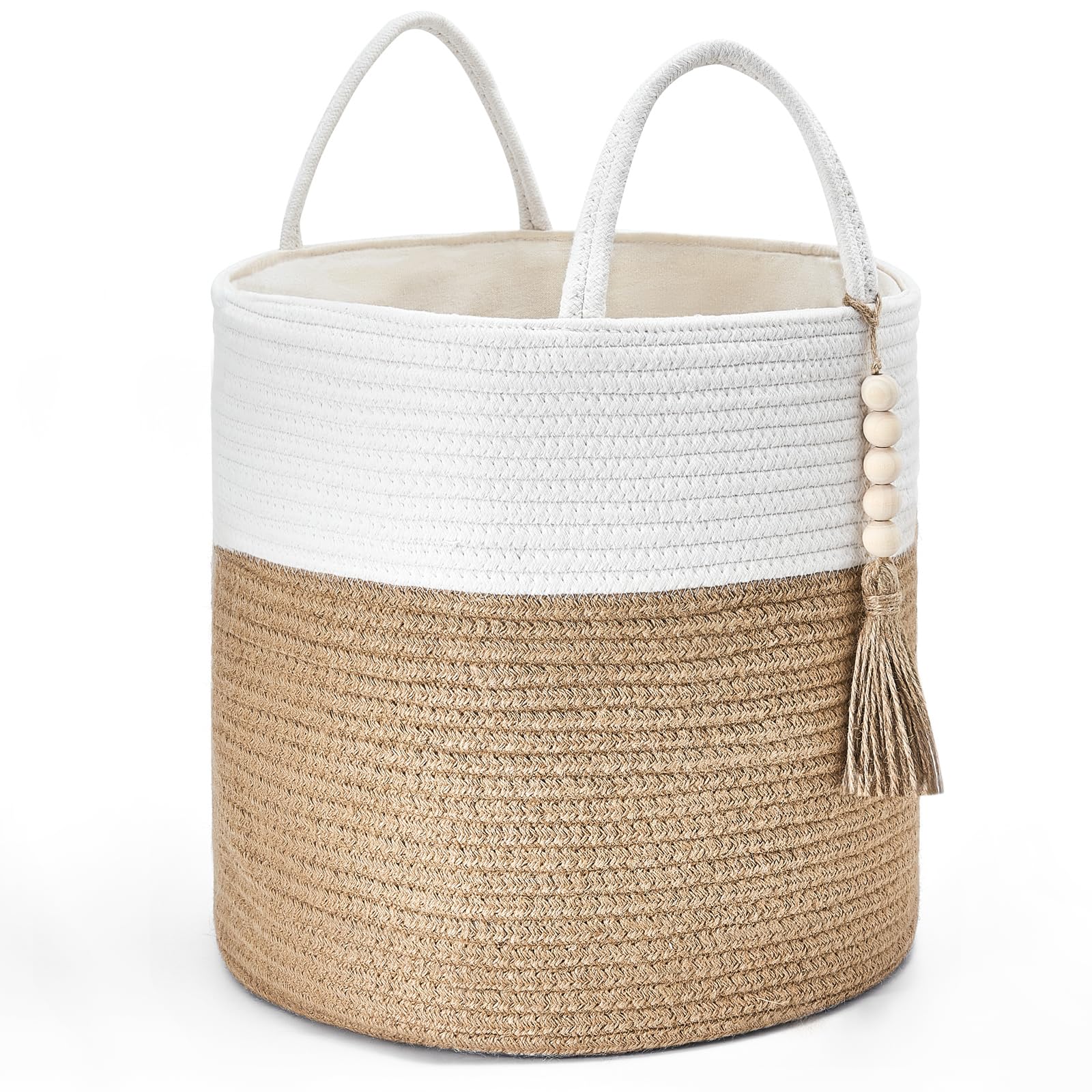 Mkono Woven Storage Basket Decorative Natural Rope Basket Wooden Bead Decoration for Blankets,Toys,Clothes,Shoes,Plant Organizer Bin with Handles Living Room Home Decor, Jute, 16" W × 13.8"L